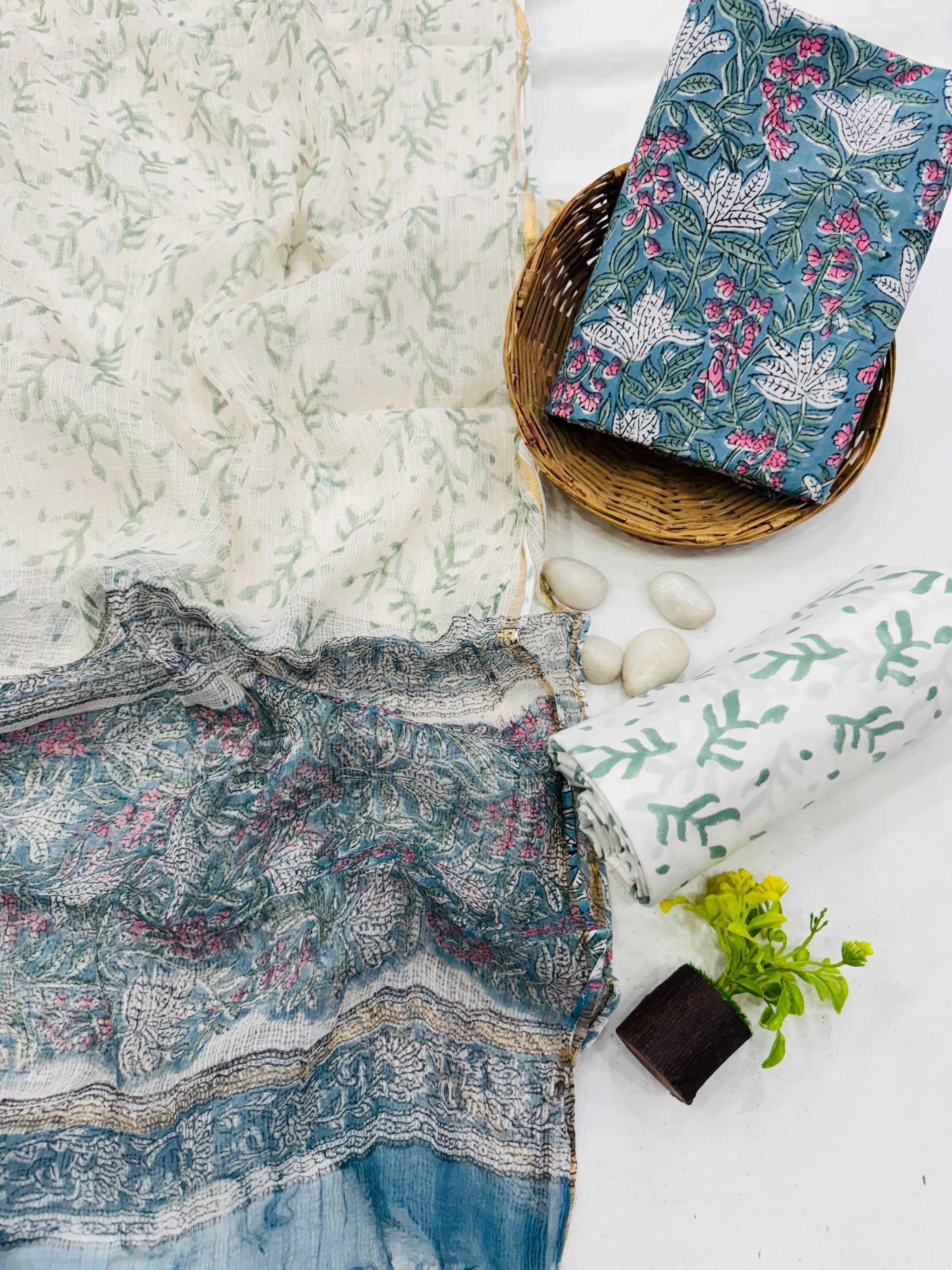 Handcrafted Floral Print Fabric Set with Kota Doria dupatta /- Shipping