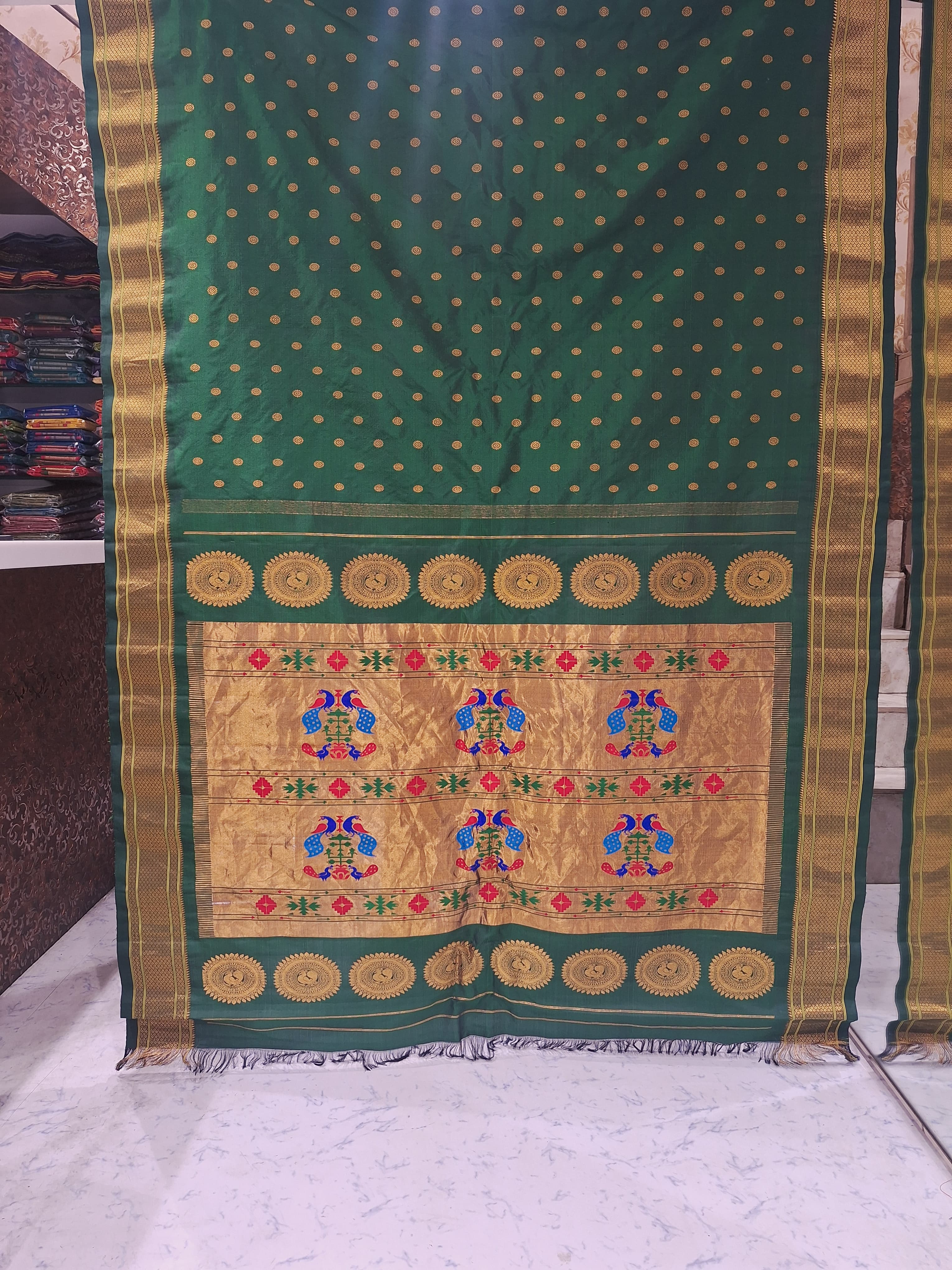 Traditional Green Pure Paithani Silk Saree with elegant Golden zari work 25000/- + Shipping