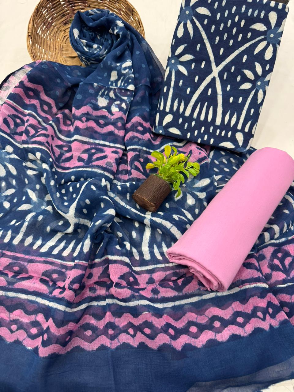 Elegant Handblock Printed Cotton Suit with Chiffon Dupatta 1200/- + Shipping