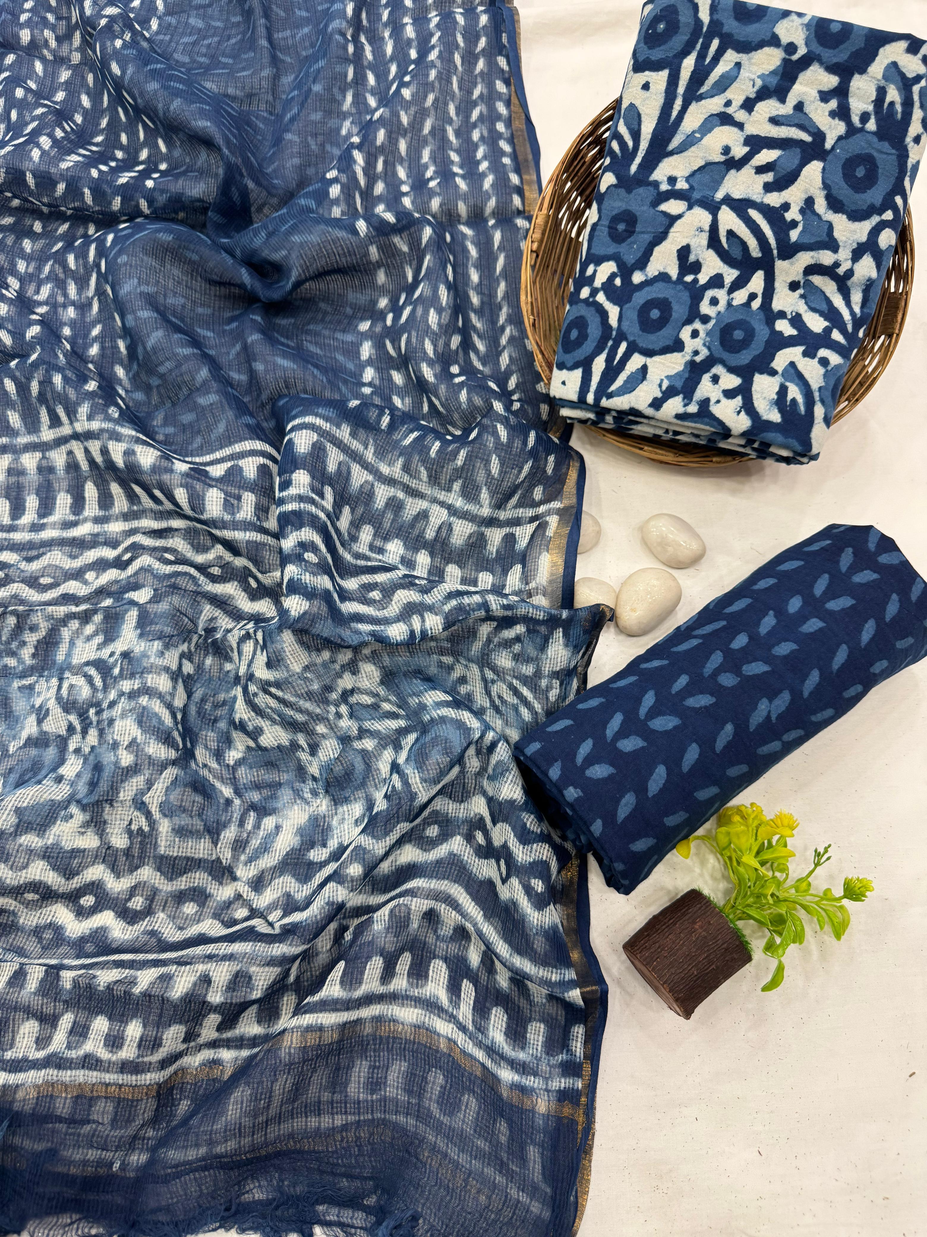 Handcrafted Indigo Cotton Dress Material Set with Kota Doria Dupattta 1600/- + Shipping