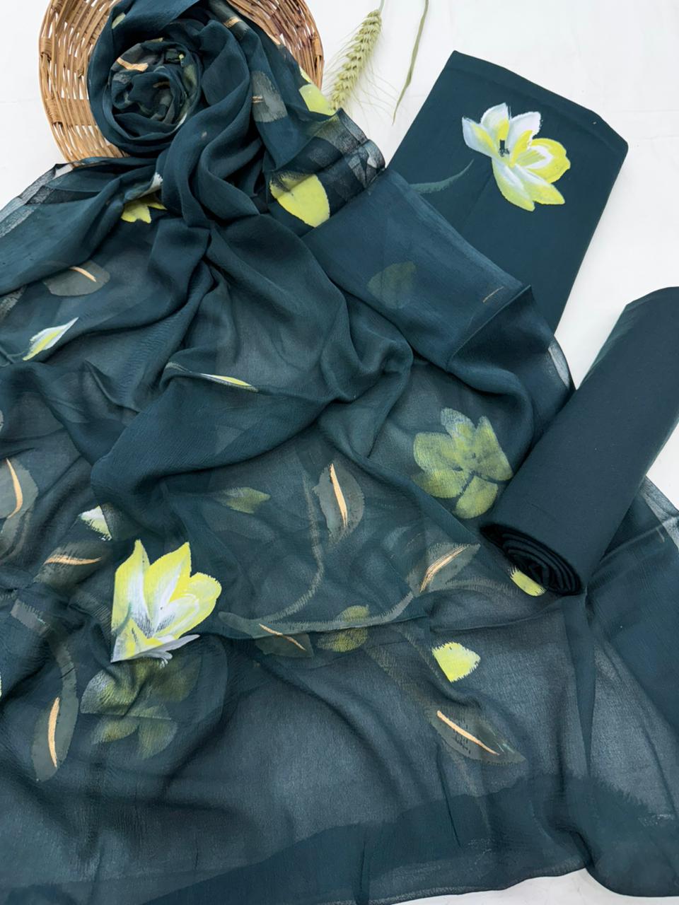 Hand-Painted Floral Chiffon Suit with multiple designs