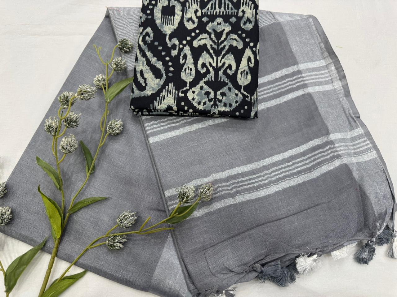 Handcrafted Cotton Linen Saree with printed cotton blouse 1500/- + Shipping
