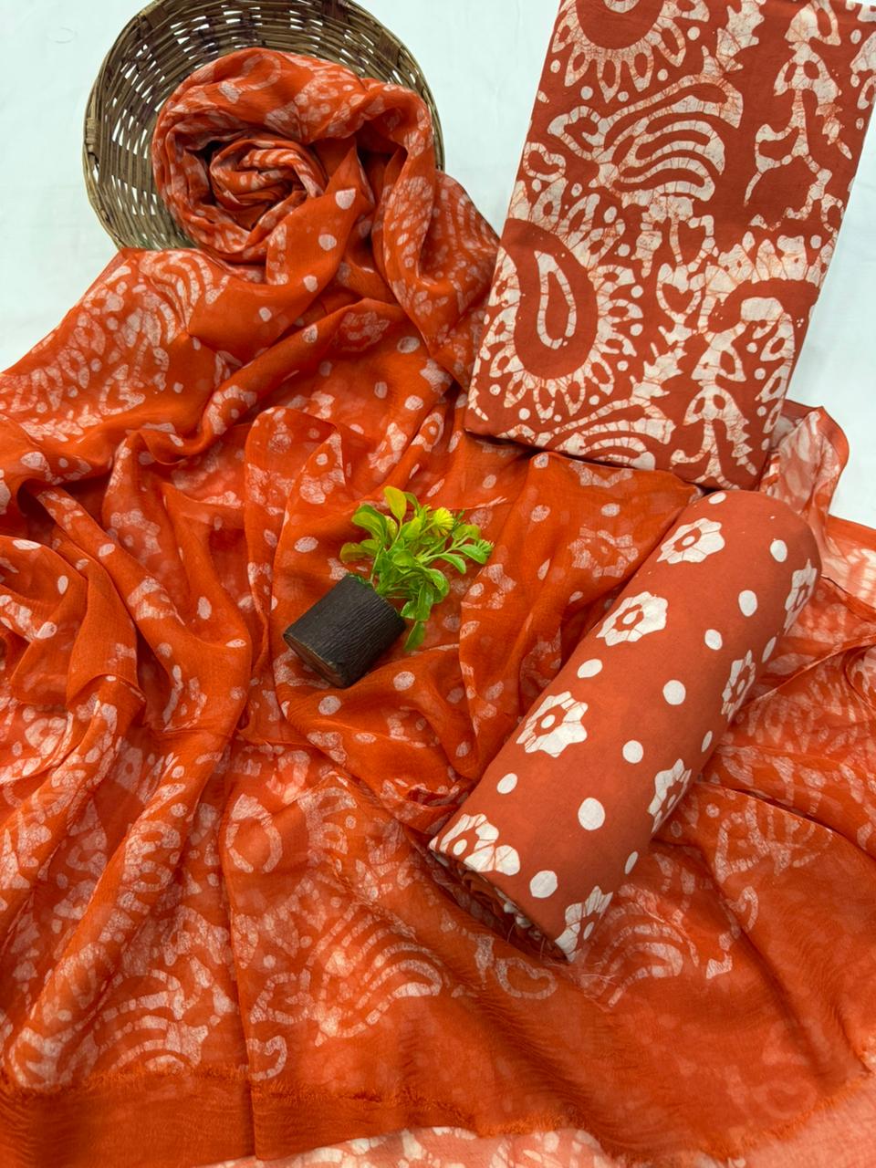 Elegant Handblock Printed Cotton Suit with Chiffon Dupatta 1200/- + Shipping