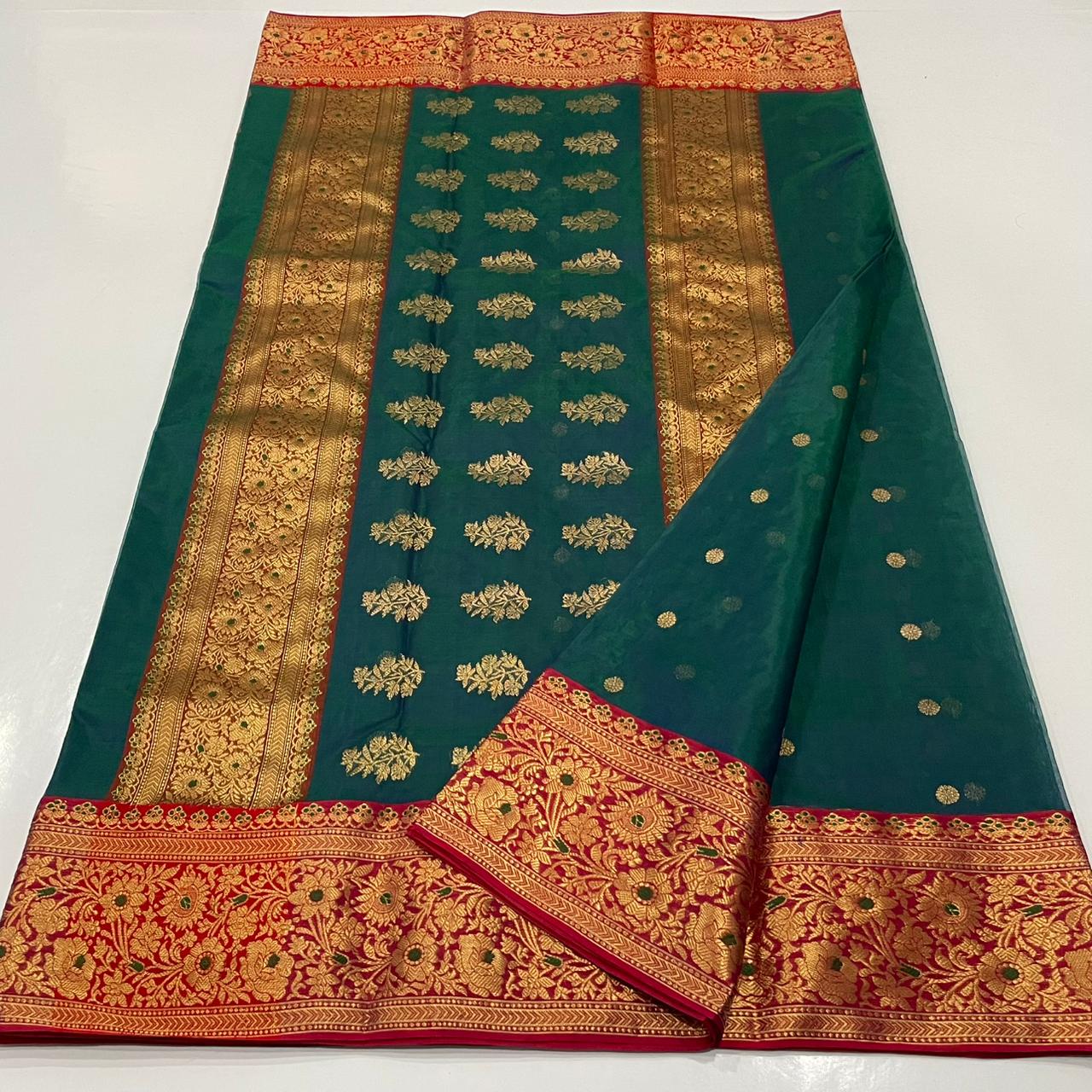 Green Handwoven Chaderi Katan Silk Saree 11000/- + Shipping