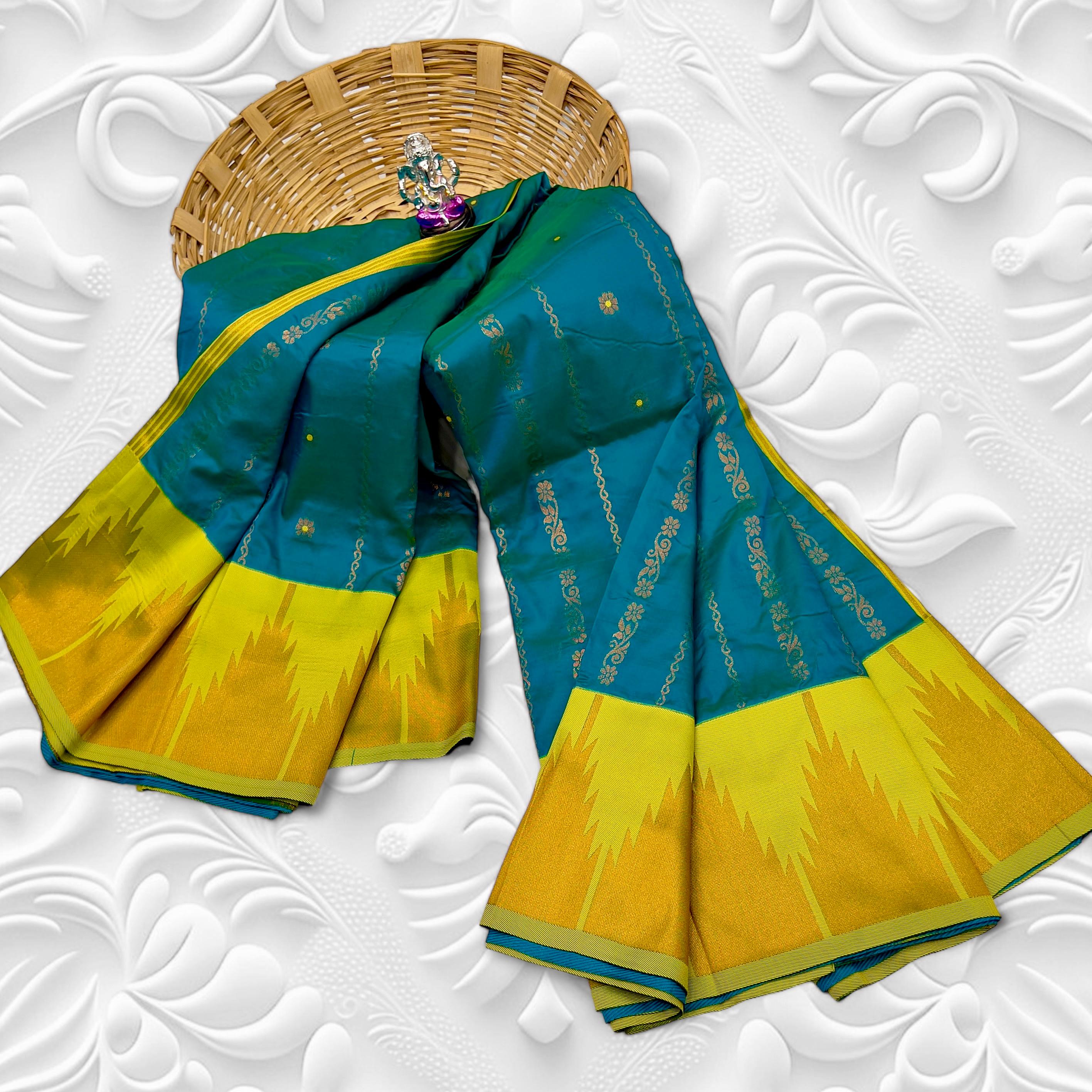 Teal & Yellow Temple Irkal Paithani Silk Saree 3000/- + Shipping