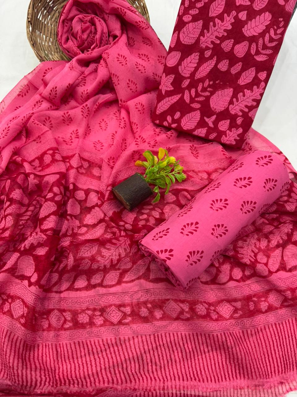 Elegant Handblock Printed Cotton Suit with Chiffon Dupatta 1200/- + Shipping