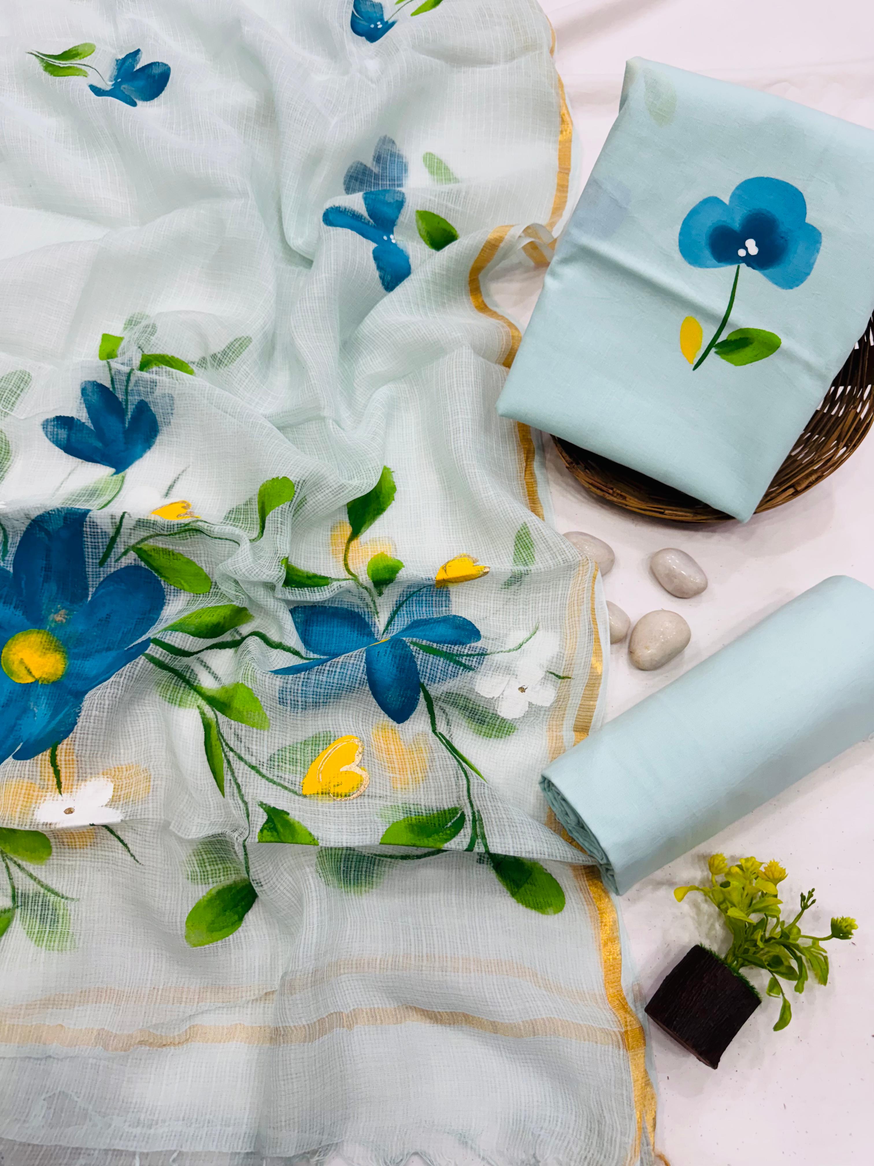 Hand-painted floral Cotton Suit With Kota Doria dupatta 1600/- + Shipping