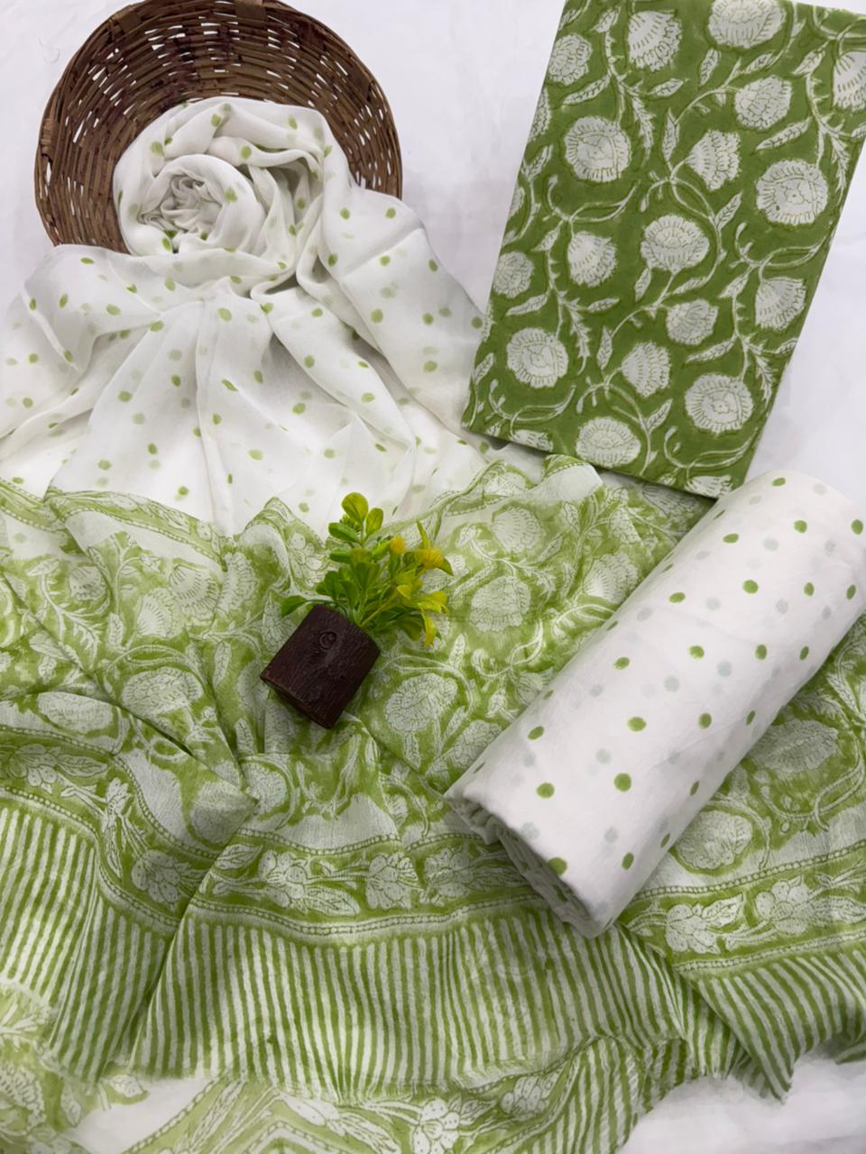 Elegant Handblock Printed Cotton Suit with Chiffon Dupatta 1200/- + Shipping