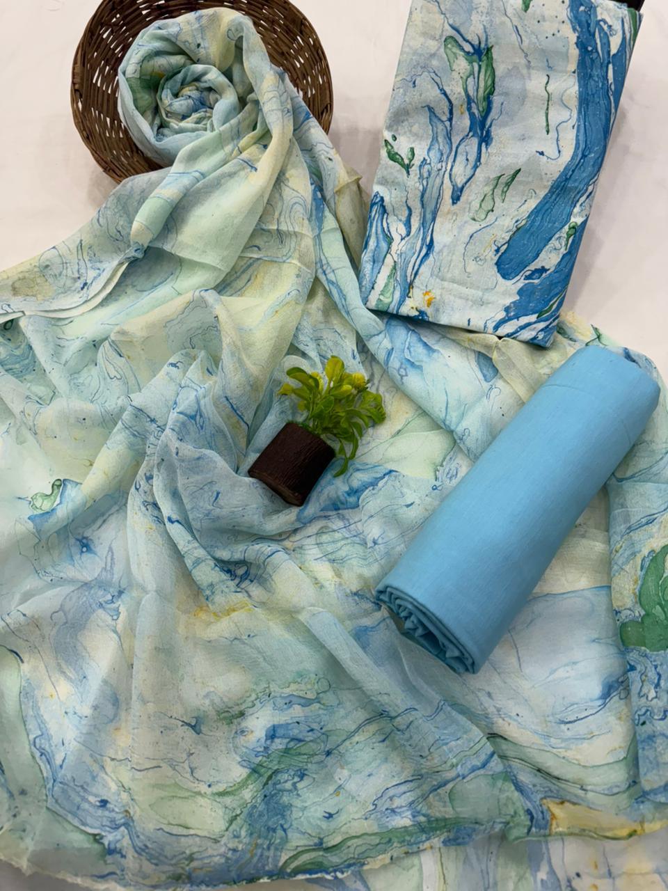 Elegant Handblock Printed Cotton Suit with Chiffon Dupatta 1200/- + Shipping