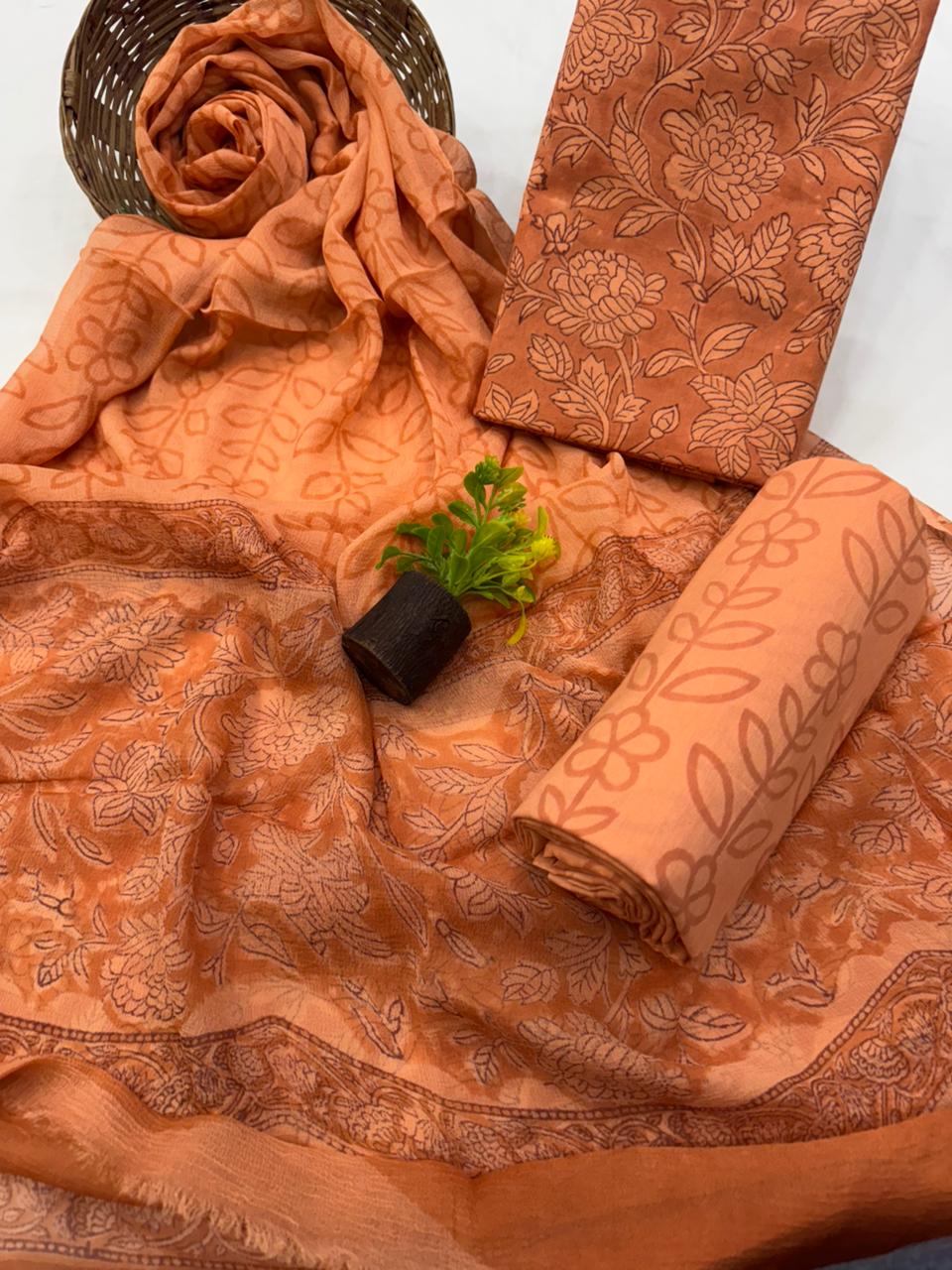 Elegant Handblock Printed Cotton Suit with Chiffon Dupatta 1200/- + Shipping