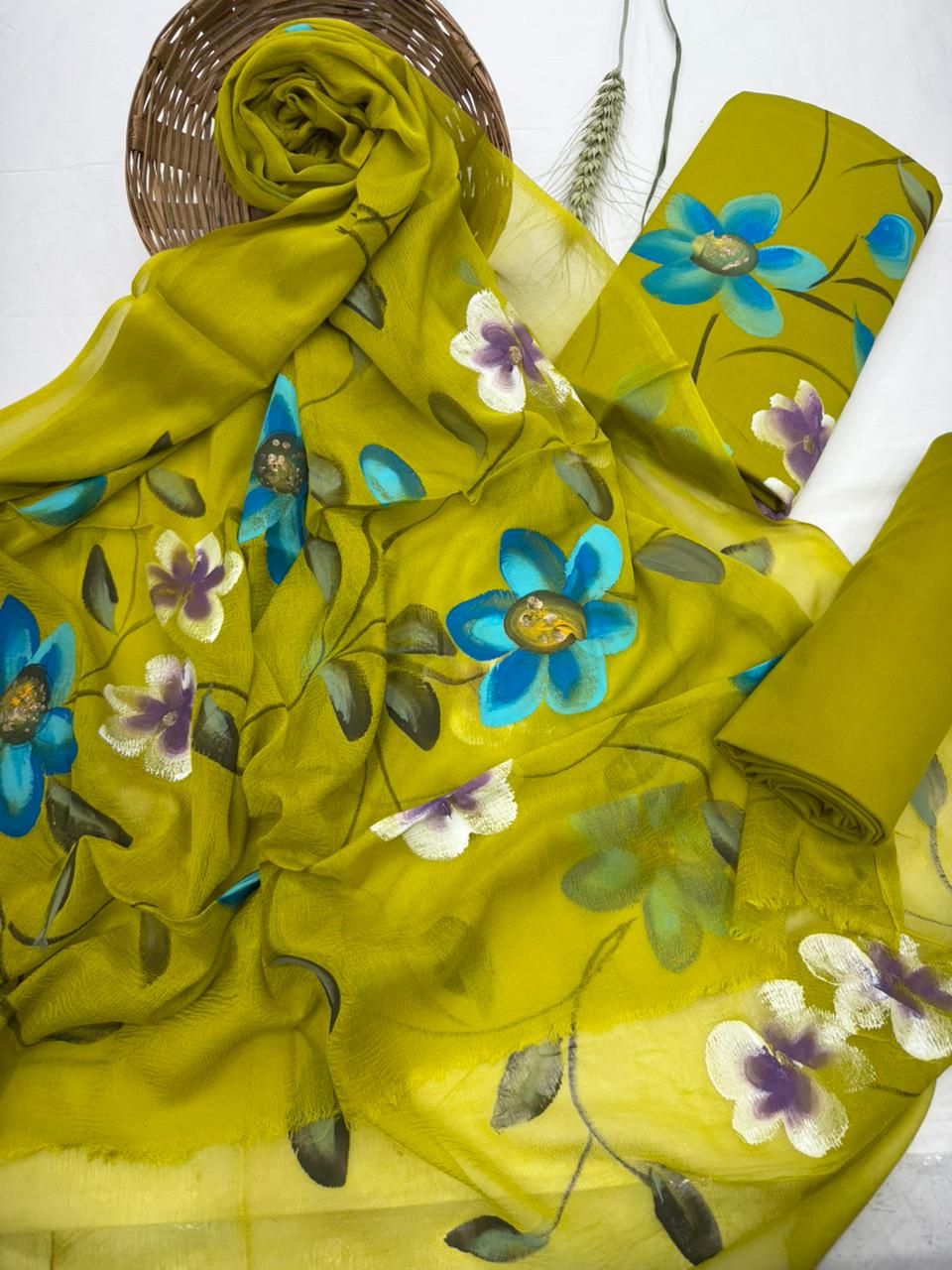 Hand-Painted Floral Chiffon Suit with multiple design 1100/- +shipping