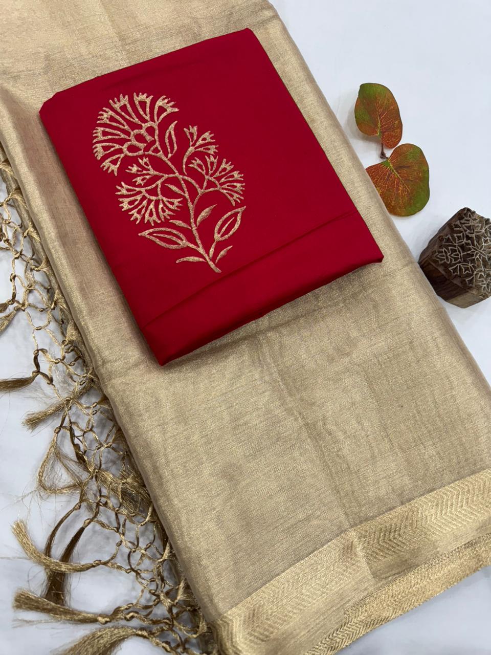 Elegant Tissue Silk Saree with Contrast Embroidered Blouse 2000/- + Shipping
