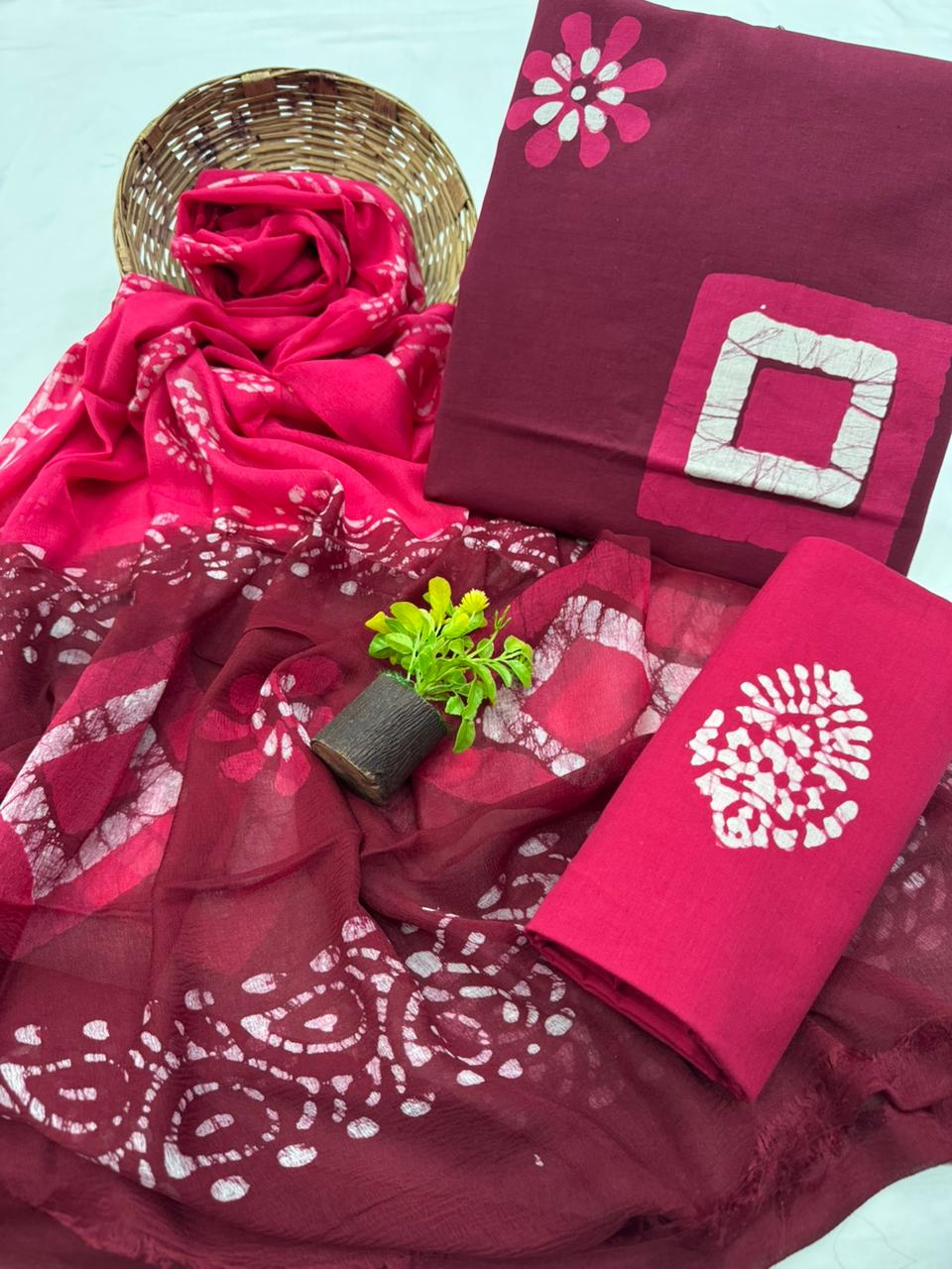 Elegant Handblock Printed Cotton Suit with Chiffon Dupatta 1200/- + Shipping