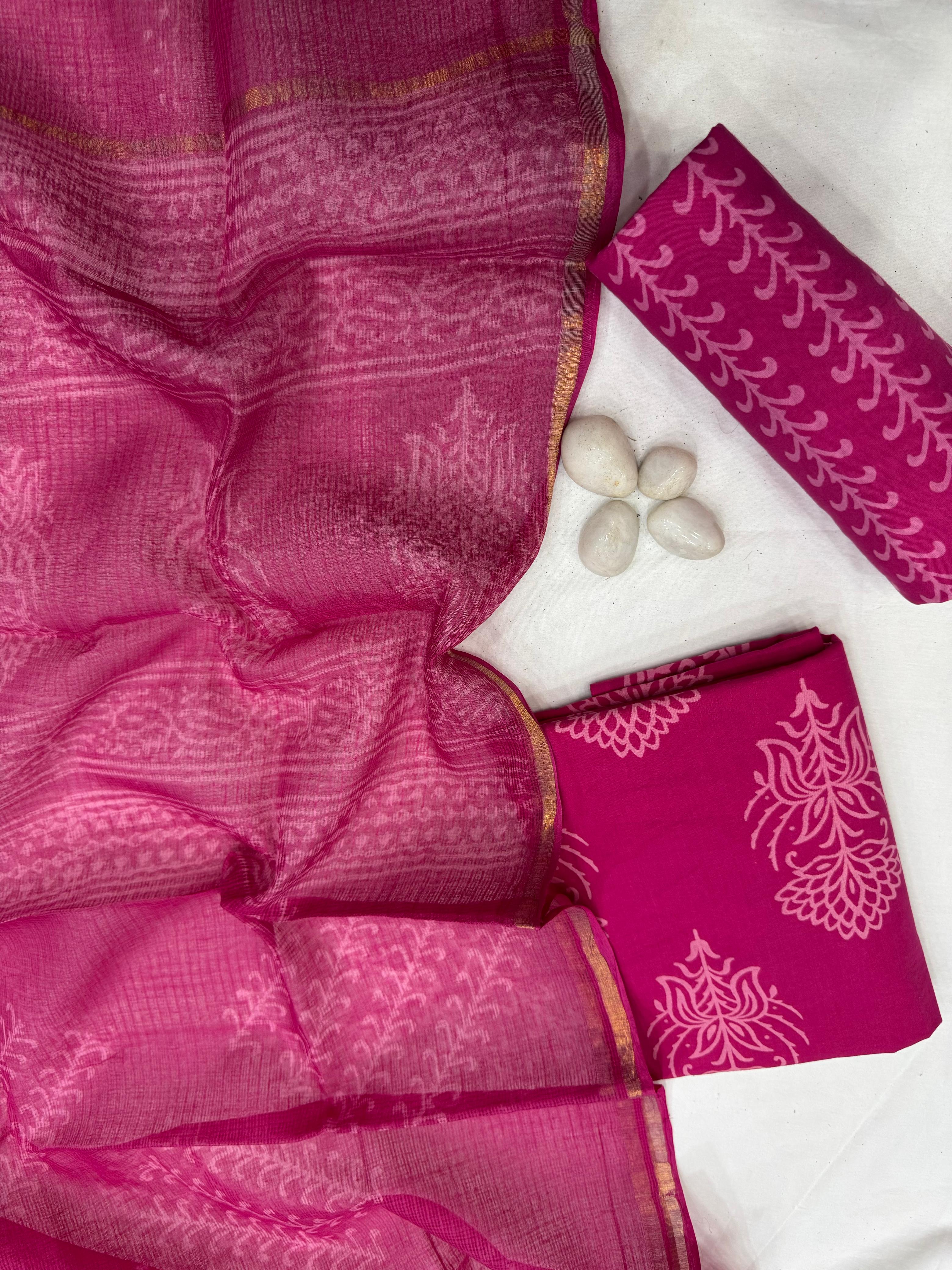 Pink Handloom  Cotton Suit With Kota Doria dupatta 1600/- + Shipping