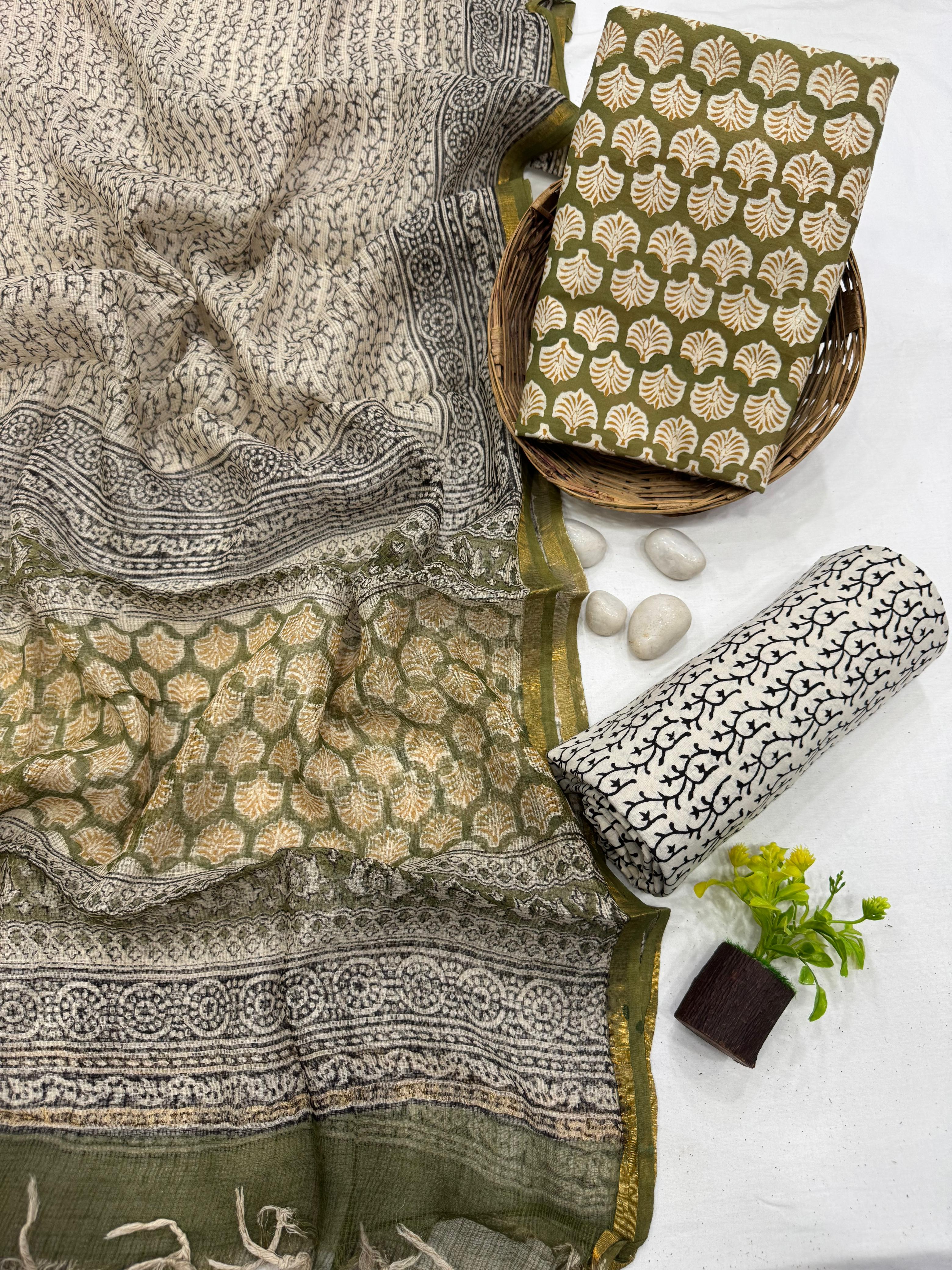 Handcrafted Block Printed Cotton Suit Set with Kota doria dupatta 1600/- +Shipping