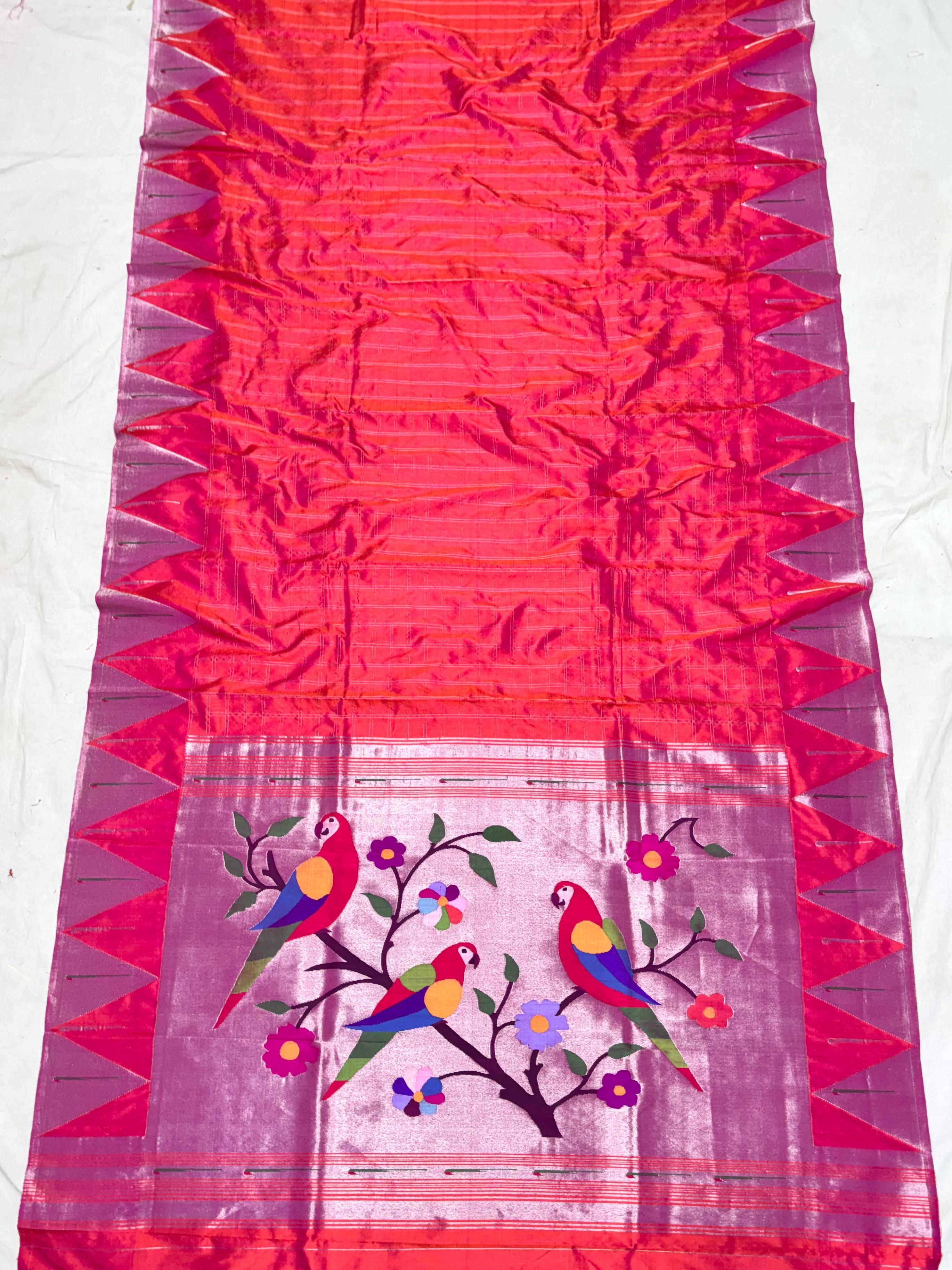 Handloom Pure Muniya Paithani Silk Saree with Parrot design on Pallu 38000/- + Shipping