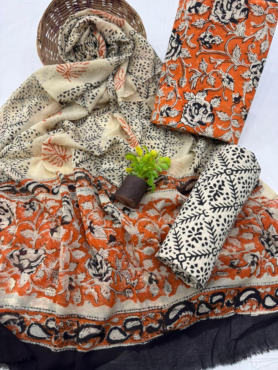 Elegant Handblock Printed Cotton Suit with Chiffon Dupatta 1200/- + Shipping