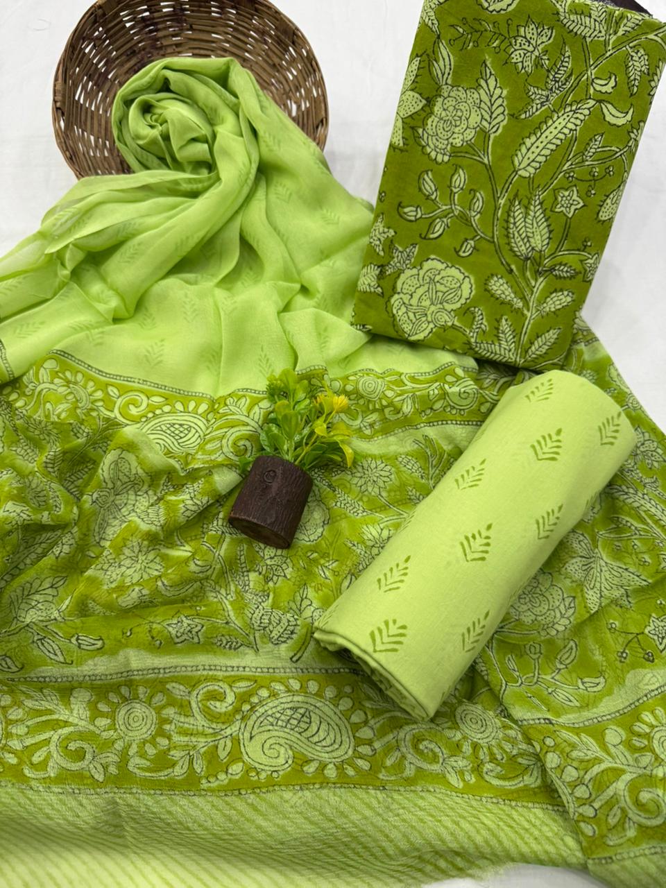 Elegant Handblock Printed Cotton Suit with Chiffon Dupatta 1200/- + Shipping