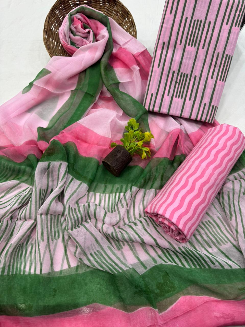 Elegant Handblock Printed Cotton Suit with Chiffon Dupatta 1200/- + Shipping