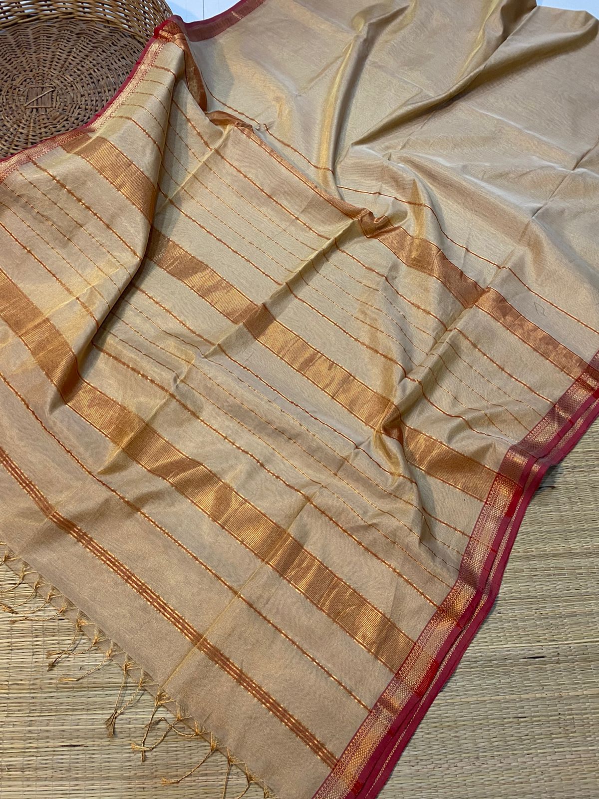 Red Border Full Tissue Maheshwari Handwoven Silk Saree 3750/- = Shipping