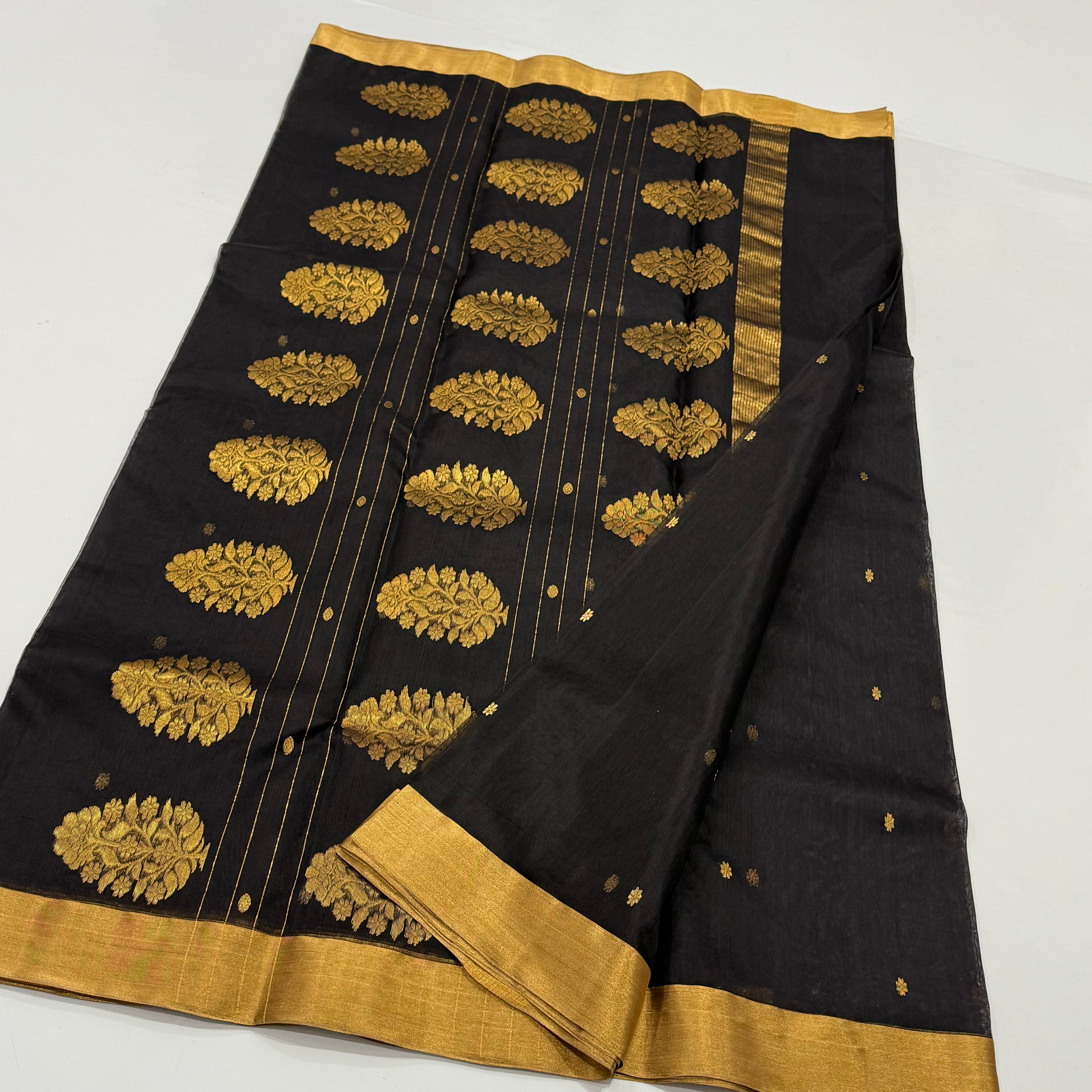 Black Chanderi Silk Saree with Gold Motifs 6500/- + shipping
