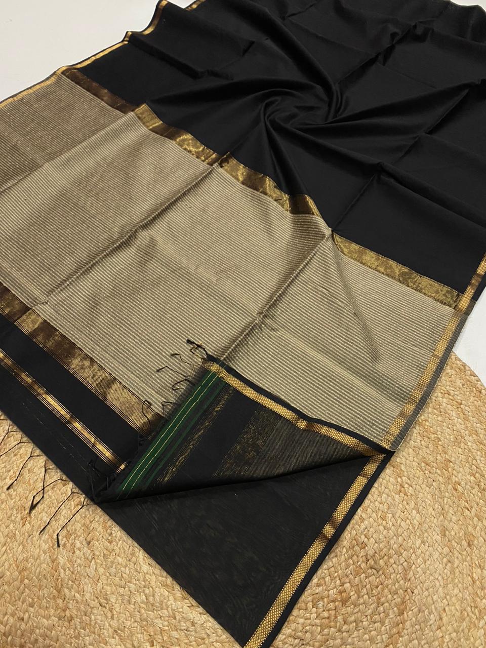 Elegant Black and Gold zari Maheshwari handloom saree in black colour 3500/- + Shipping