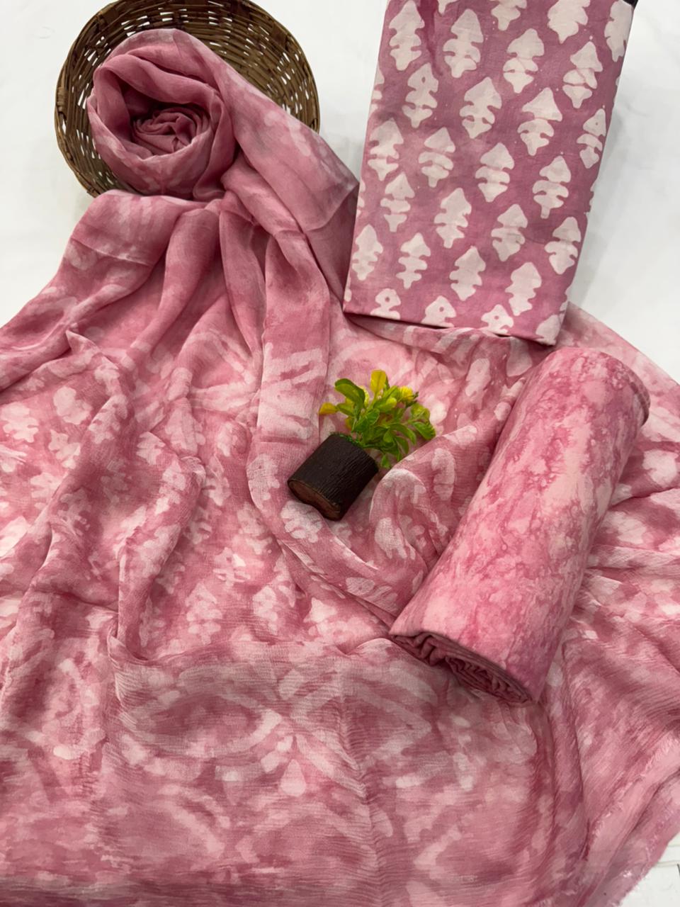 Elegant Handblock Printed Cotton Suit with Chiffon Dupatta 1200/- + Shipping