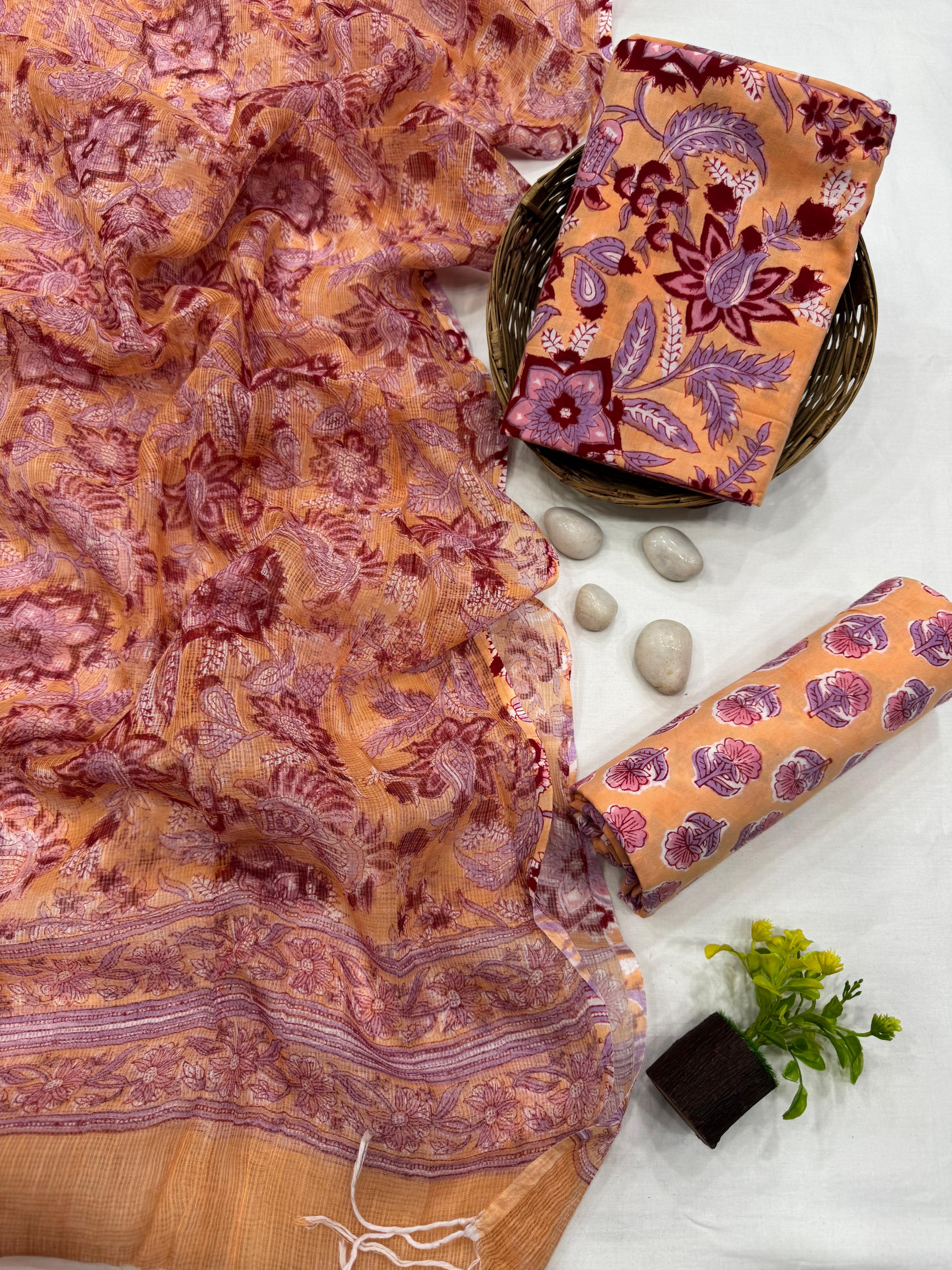 Peach Floral Printed Suit Set with Kota doria dupatta 1600/- + Shipping