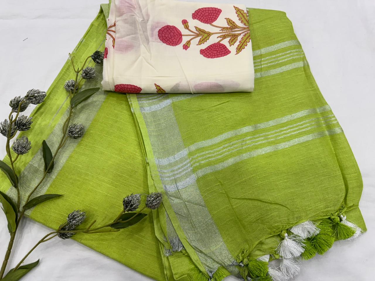 Handloom Linen Cotton Saree with Printed Blouse Piece 1500/- + Shipping