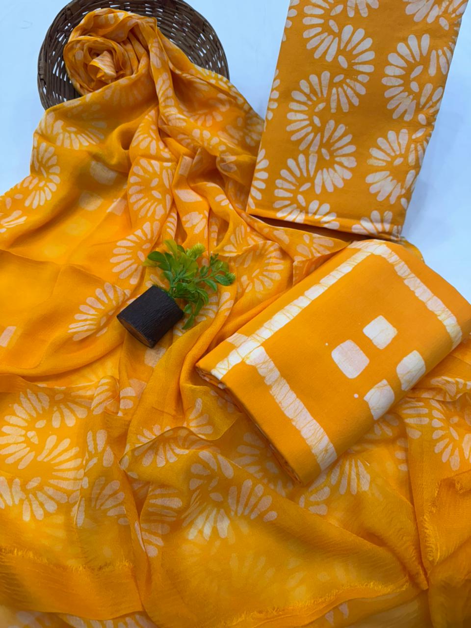 Elegant Handblock Printed Cotton Suit with Chiffon Dupatta 1200/- + Shipping