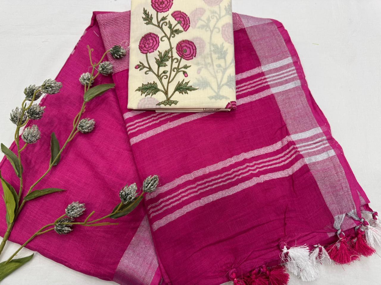 Handloom Linen Cotton Saree with Printed Blouse Piece 1500/- + Shipping