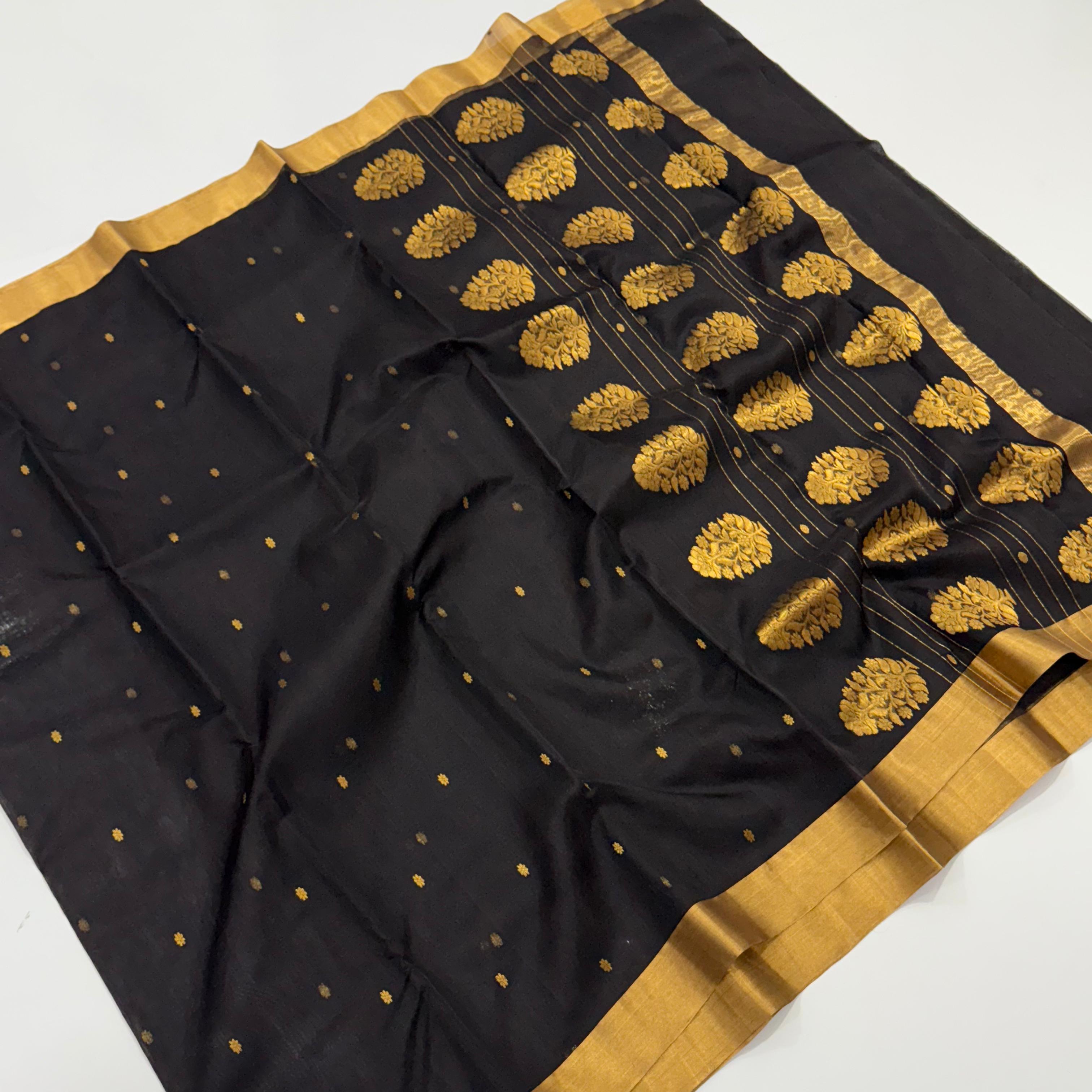 Black Chanderi Silk Saree with Gold Motifs 6500/- + shipping