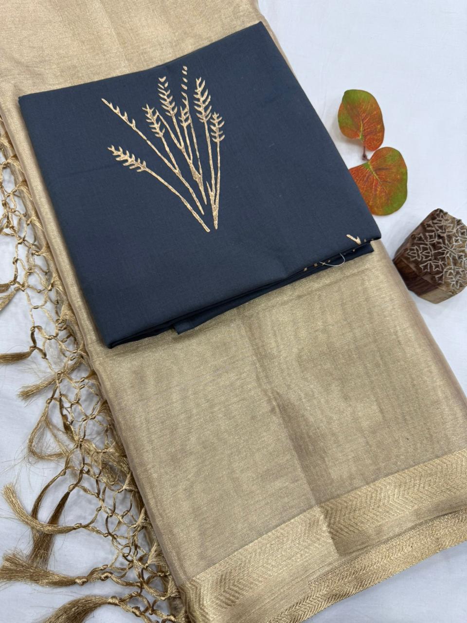 Elegant Tissue Silk Saree with Contrast Embroidered Blouse 2000/- + Shipping