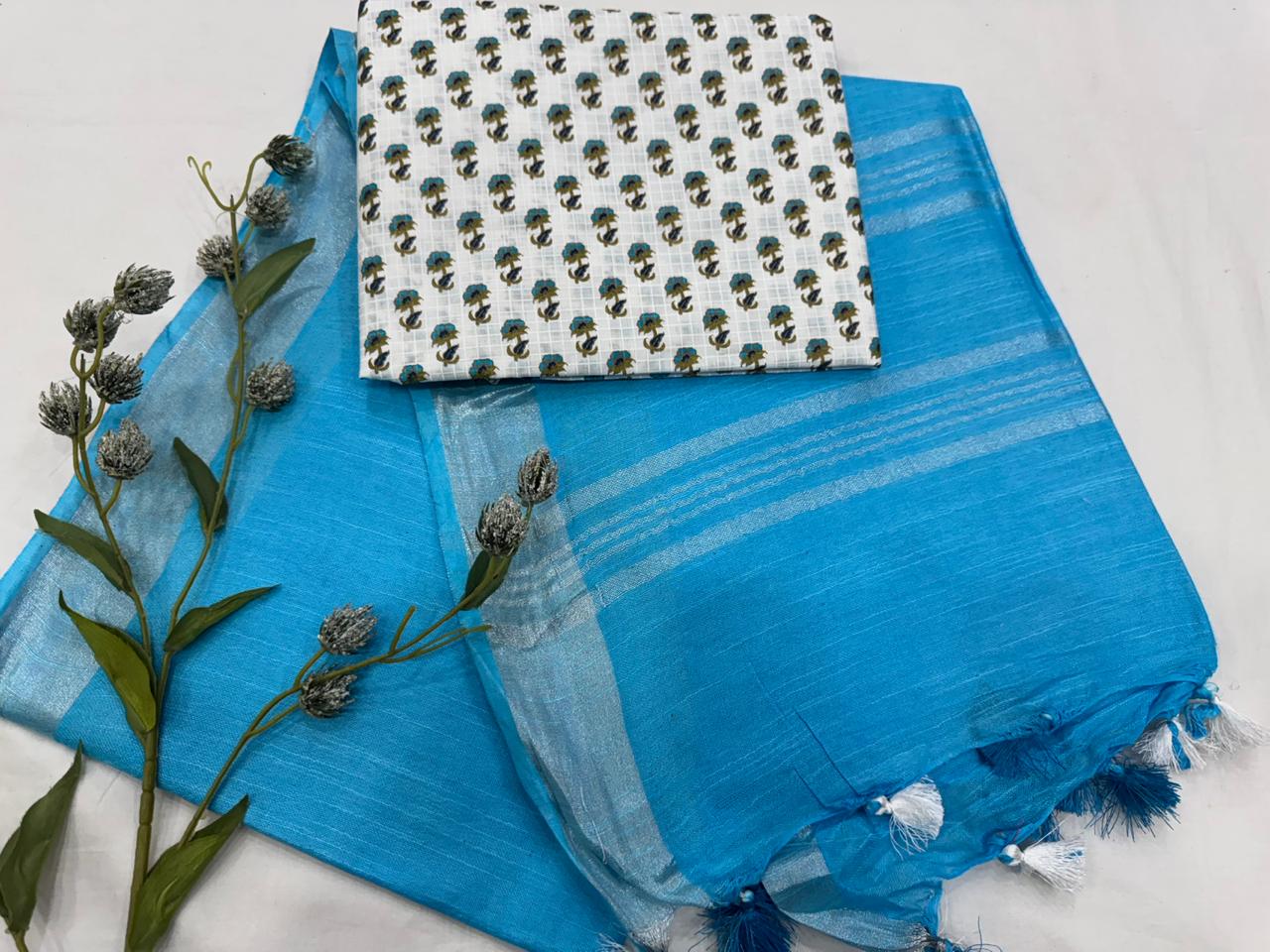 Handcrafted Cotton Linen Saree with printed cotton blouse 1500/- + Shipping