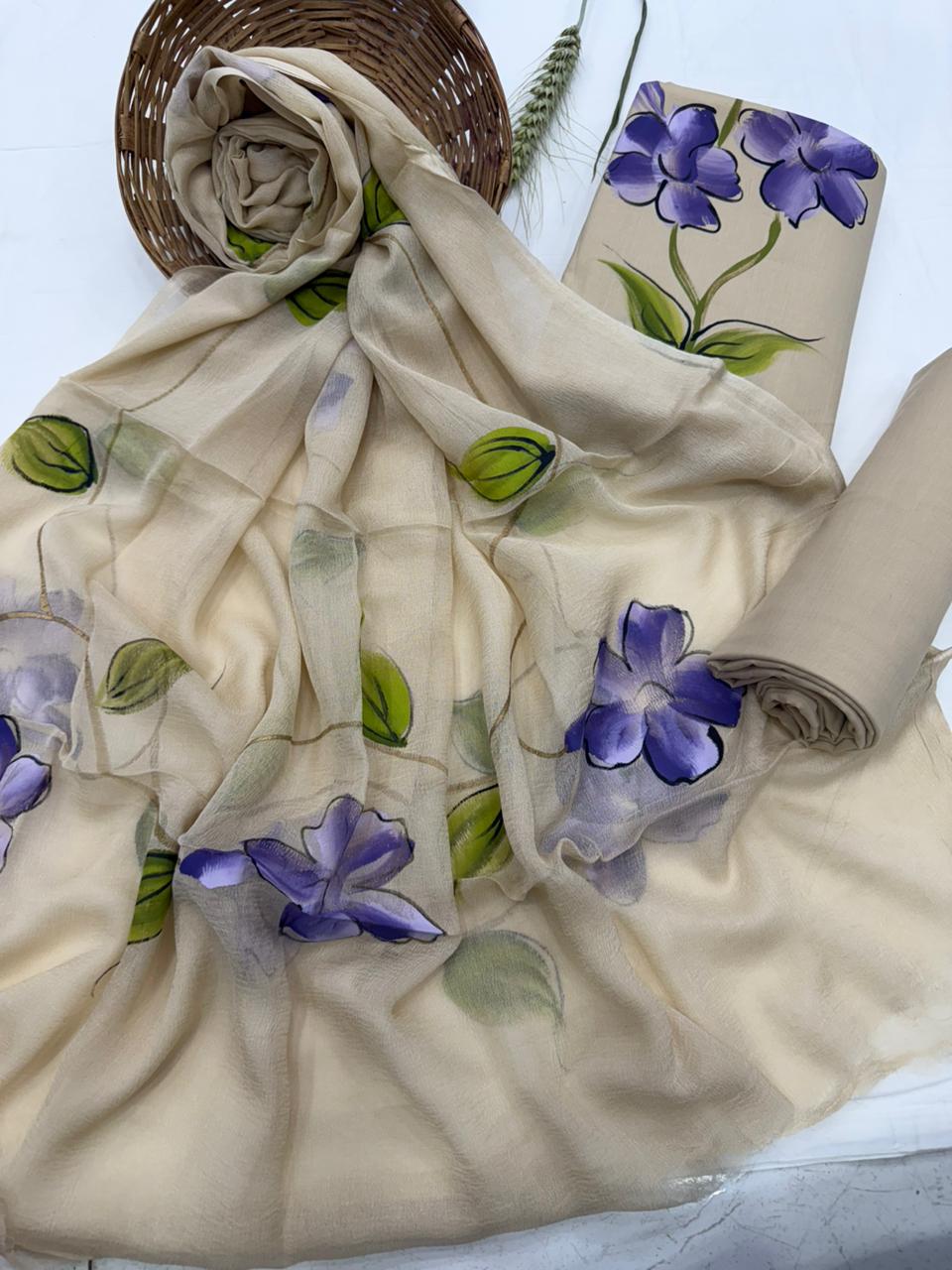 Hand-Painted Floral Chiffon Suit with multiple design 1100/- +shipping