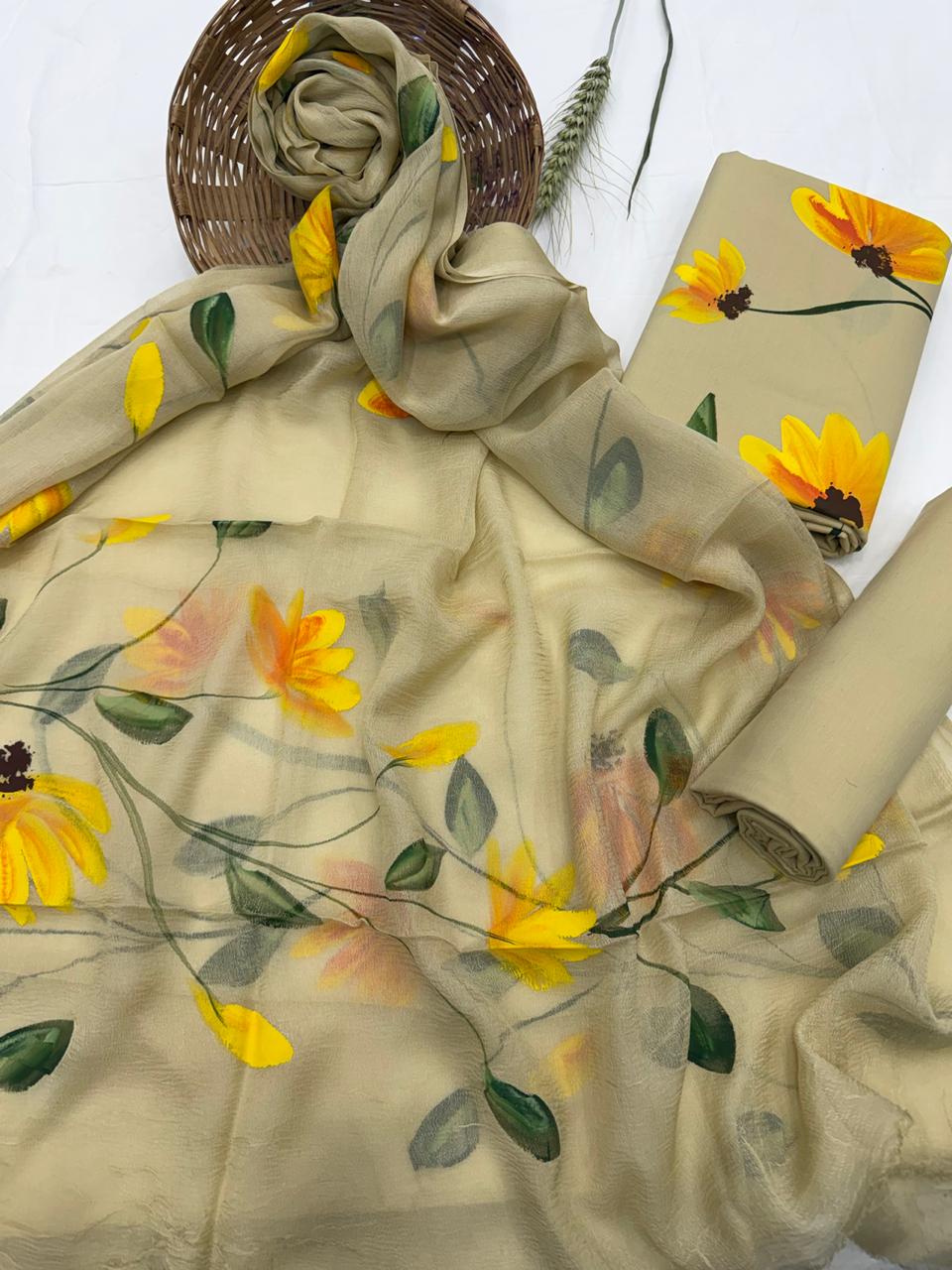 Hand-Painted Floral Chiffon Suit with multiple design 1100/- +shipping