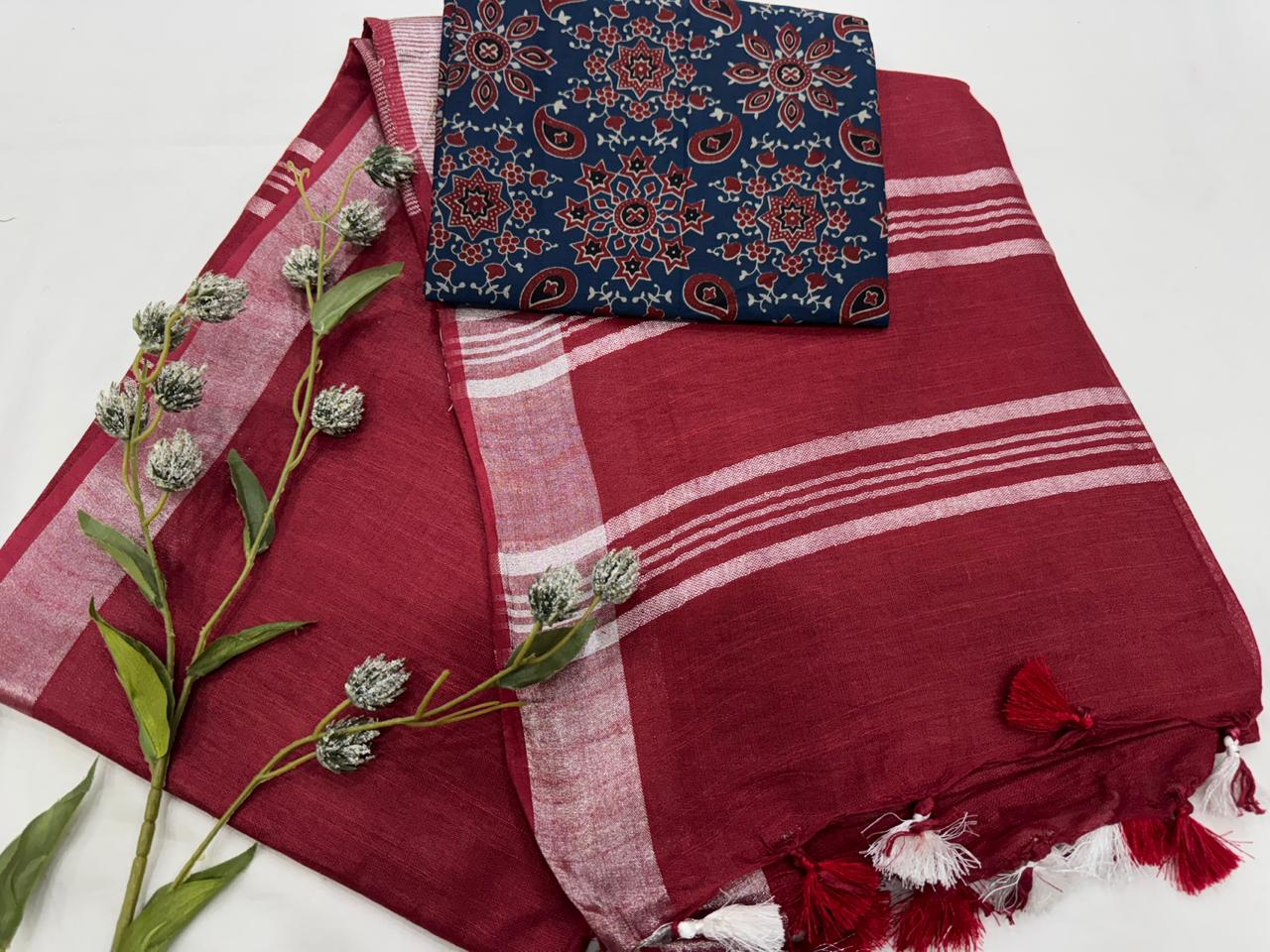 Handloom Linen Cotton Saree with Printed Blouse Piece 1500/- + Shipping