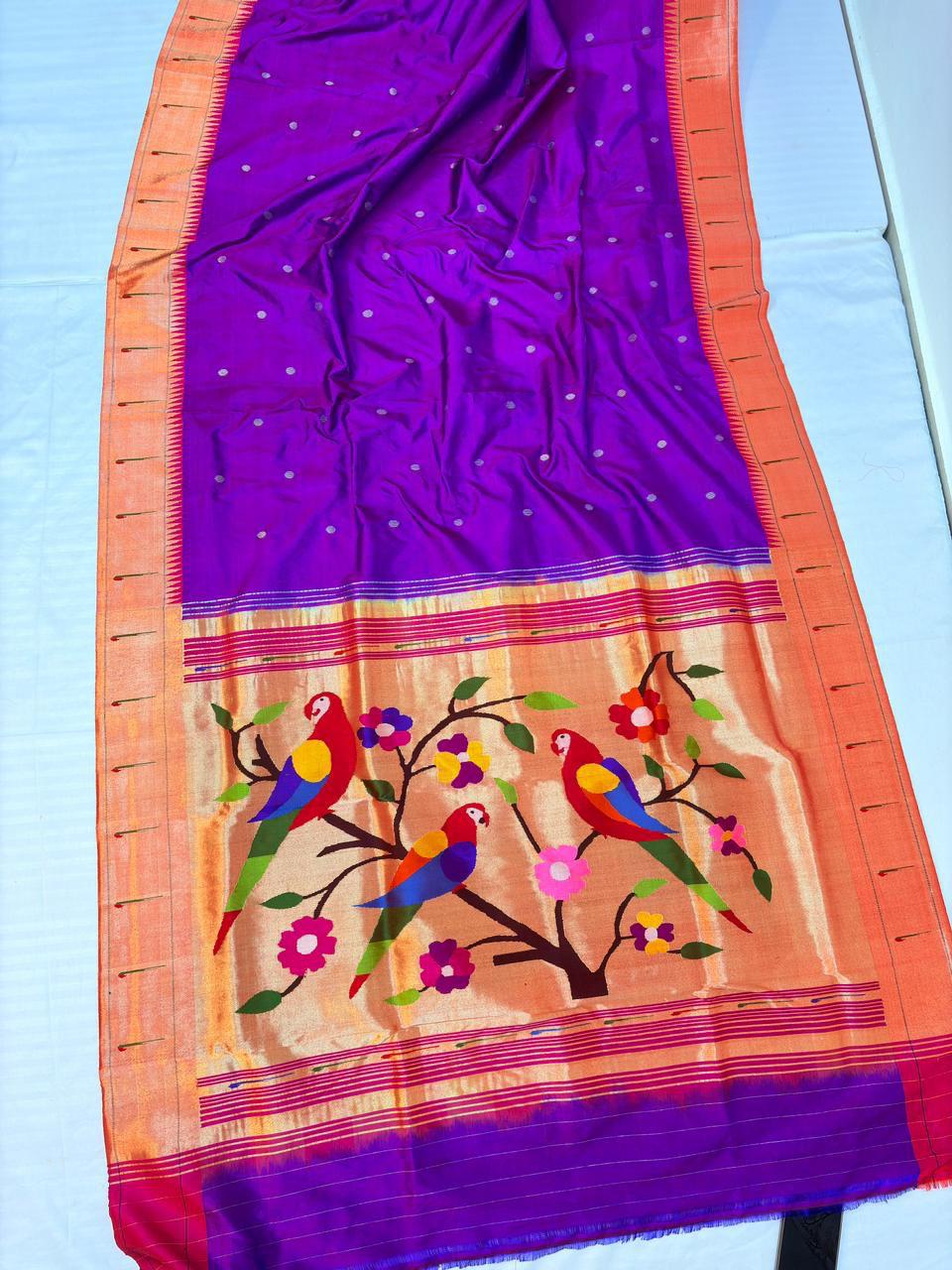Handwoven Muniya Paithani Silk Saree with Parrot Motif on Pallu 38000/-