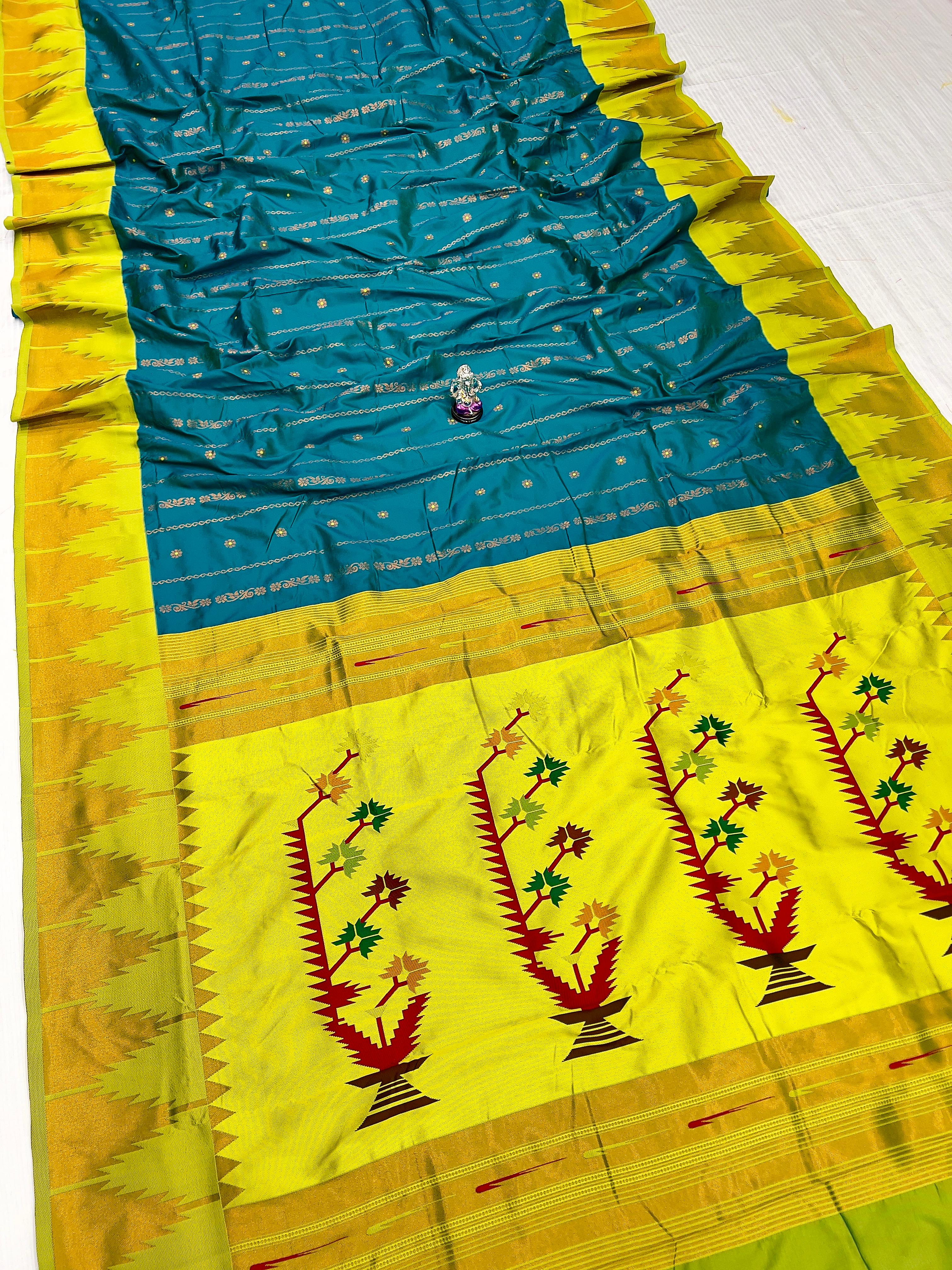 Teal & Yellow Temple Irkal Paithani Silk Saree 3000/- + Shipping