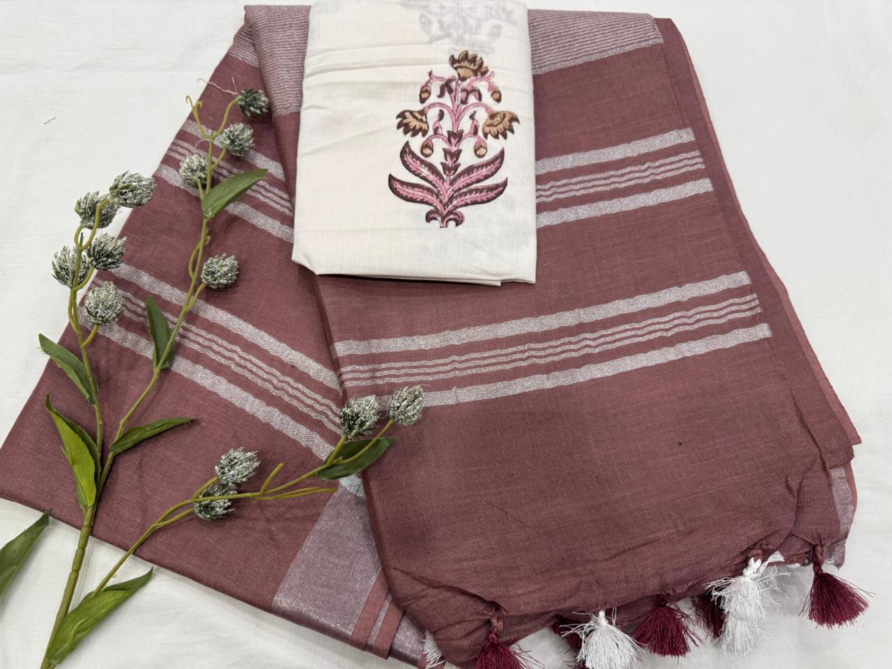 Handloom Linen Cotton Saree with Printed Blouse Piece 1500/- + Shipping