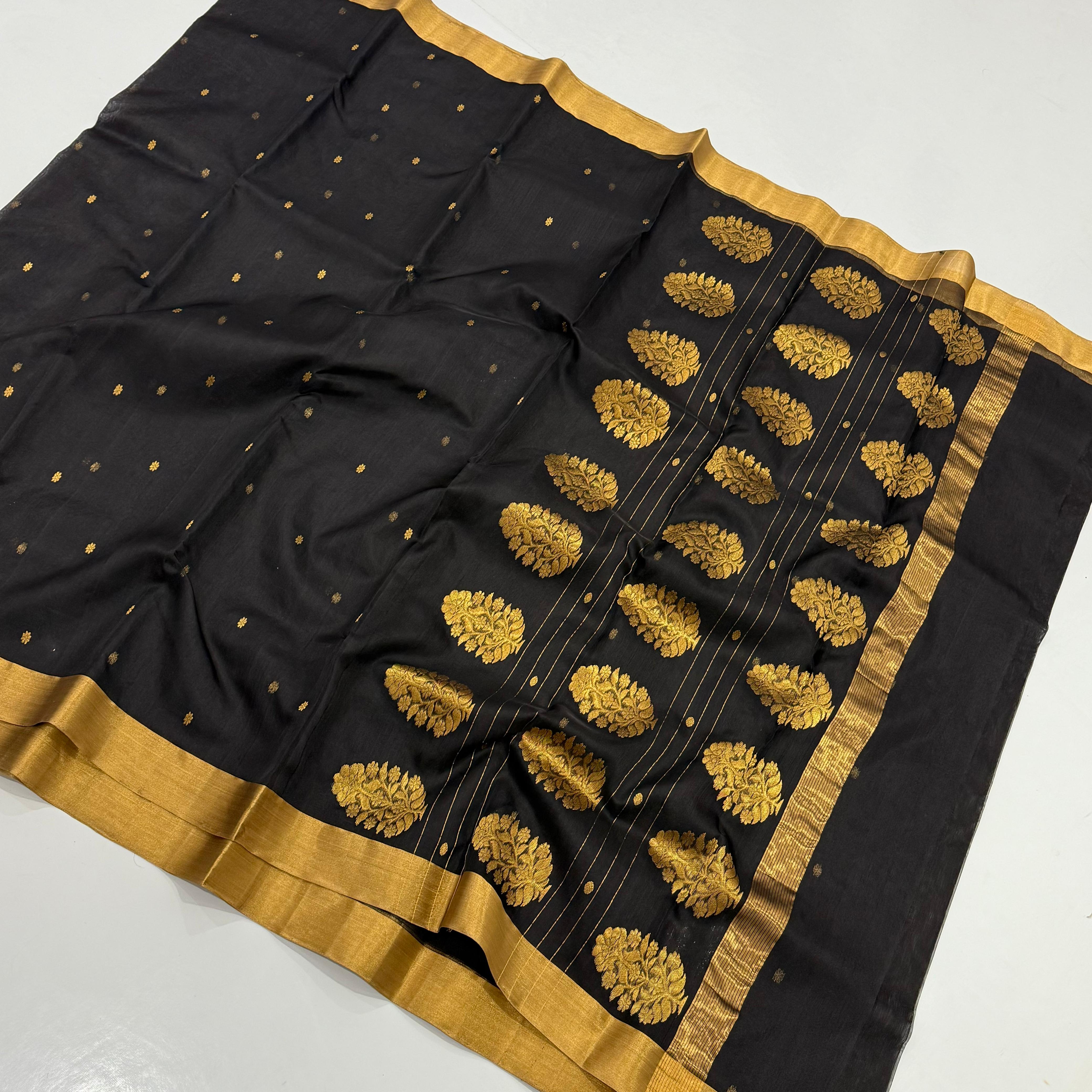 Black Chanderi Silk Saree with Gold Motifs 6500/- + shipping