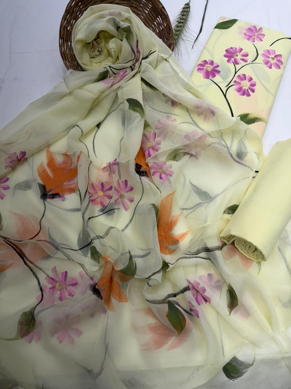 Hand-Painted Floral Chiffon Suit with multiple design 1100/- +shipping