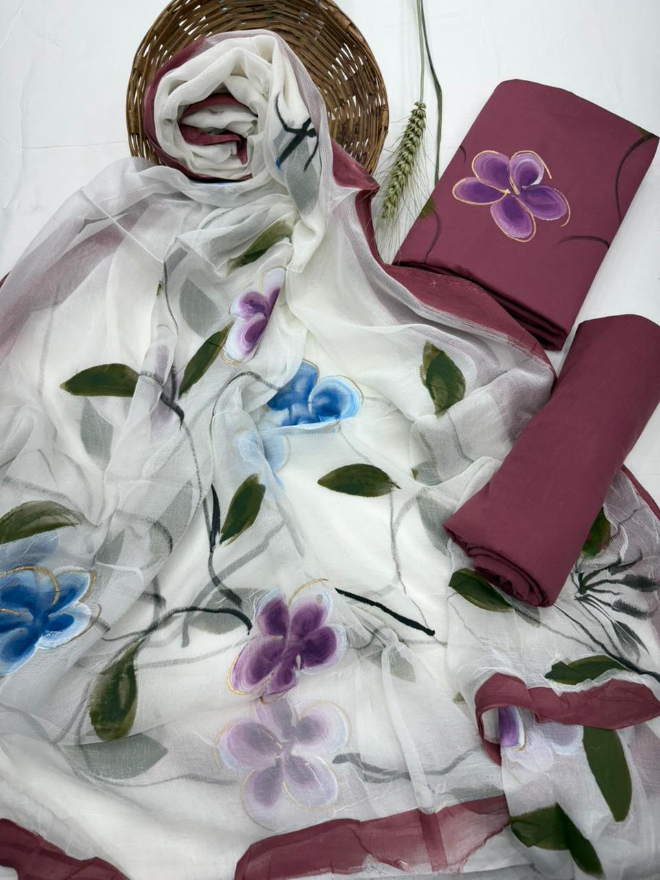 Floral Hand-Painted Chiffon Suit Set with multiple design 1100/- + shipping