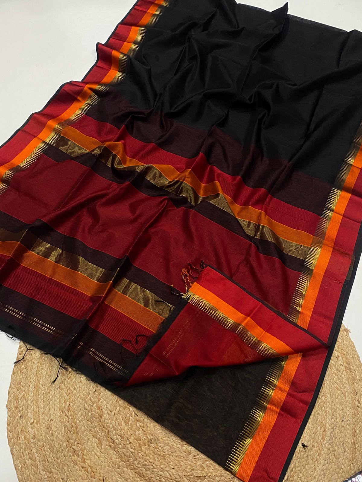 Traditional Multi-Resham border Maheshwari handloom saree in black colour 3500/- + Shipping