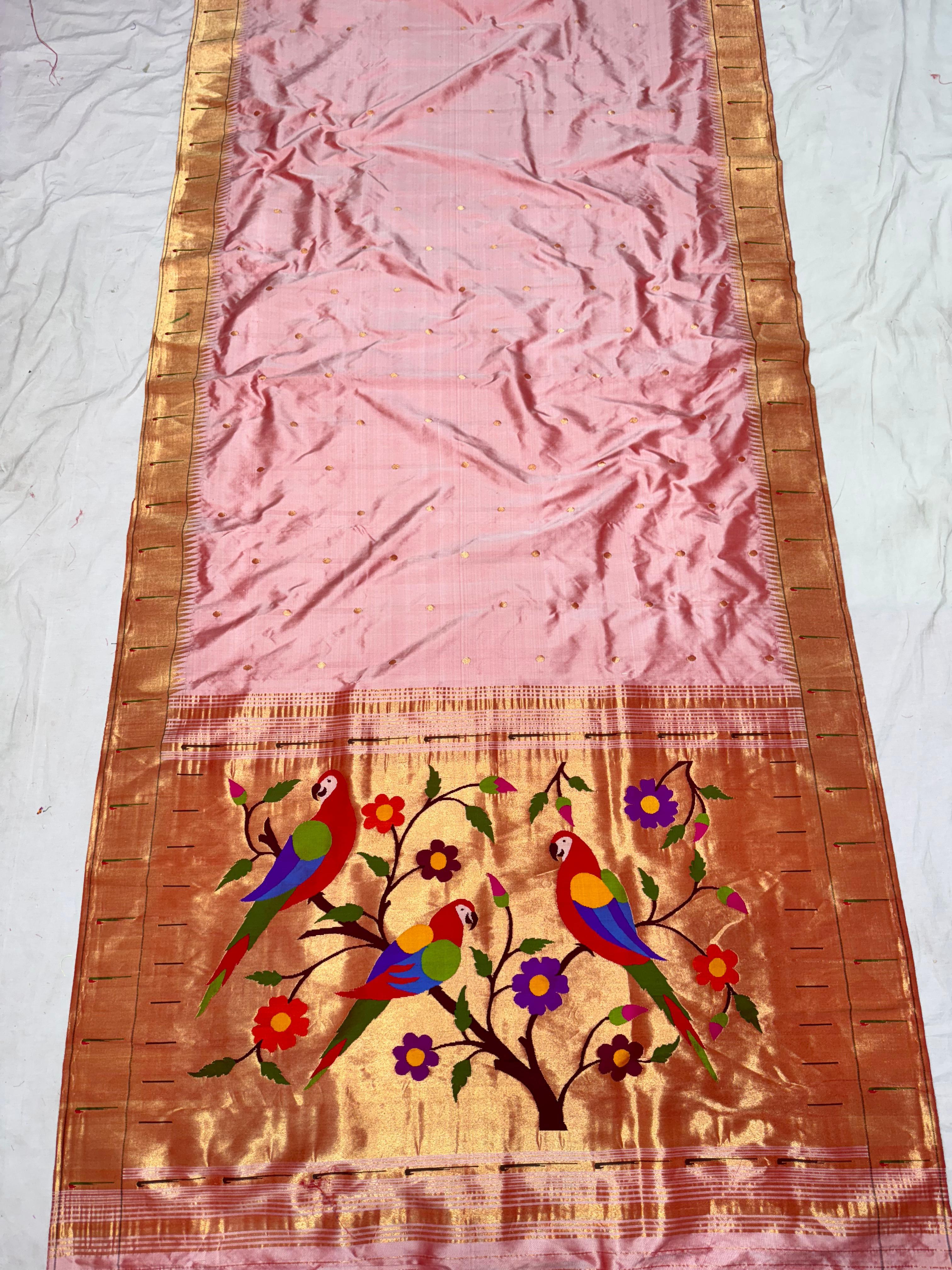 Handloom Pure Muniya Paithani Silk Saree with Parrot design on Pallu 38000/- + Shipping