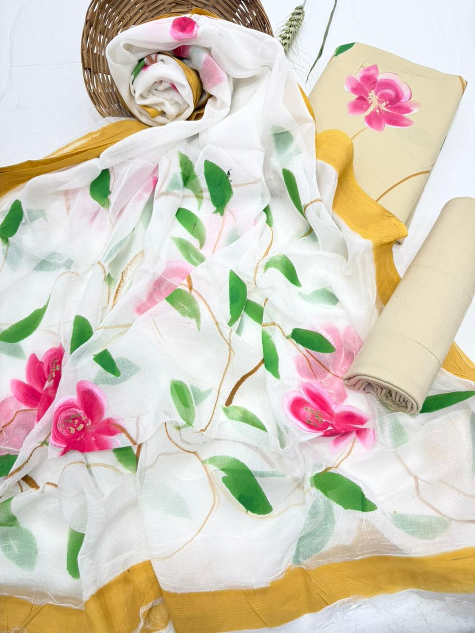 Floral Hand-Painted Chiffon Suit Set with multiple design 1100/- + shipping