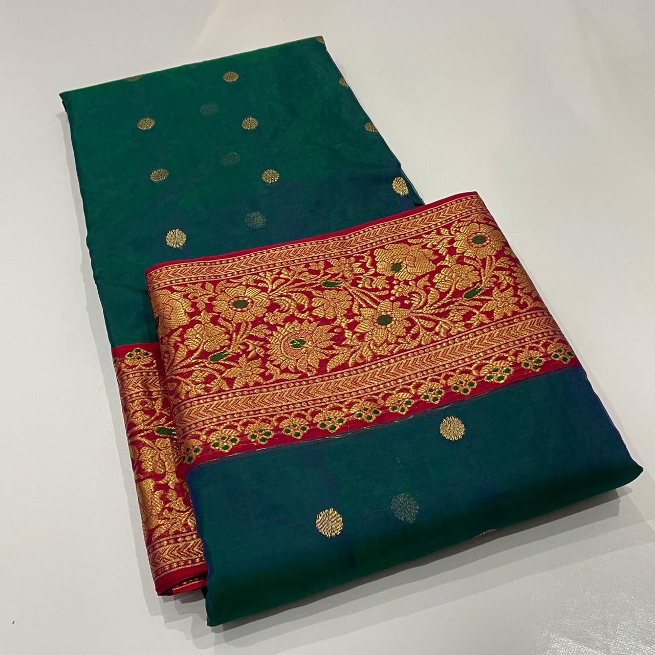 Green Handwoven Chaderi Katan Silk Saree 11000/- + Shipping