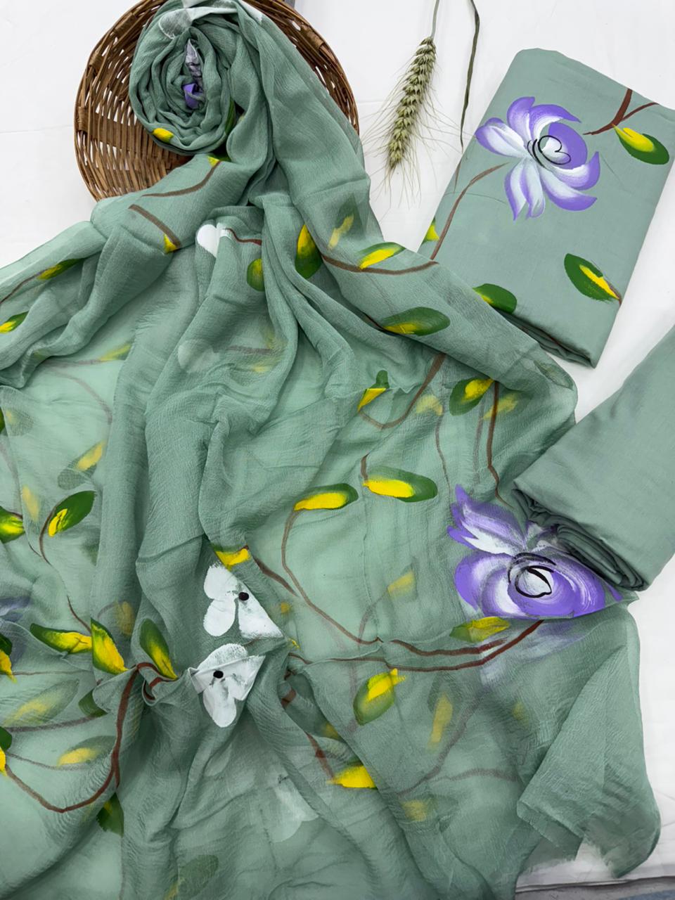 Mint Green Floral Organza Suit set with multiple colors and design 1100/- + shipping