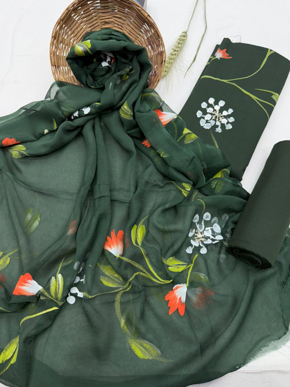 Hand-Painted Floral Chiffon Suit with multiple designs