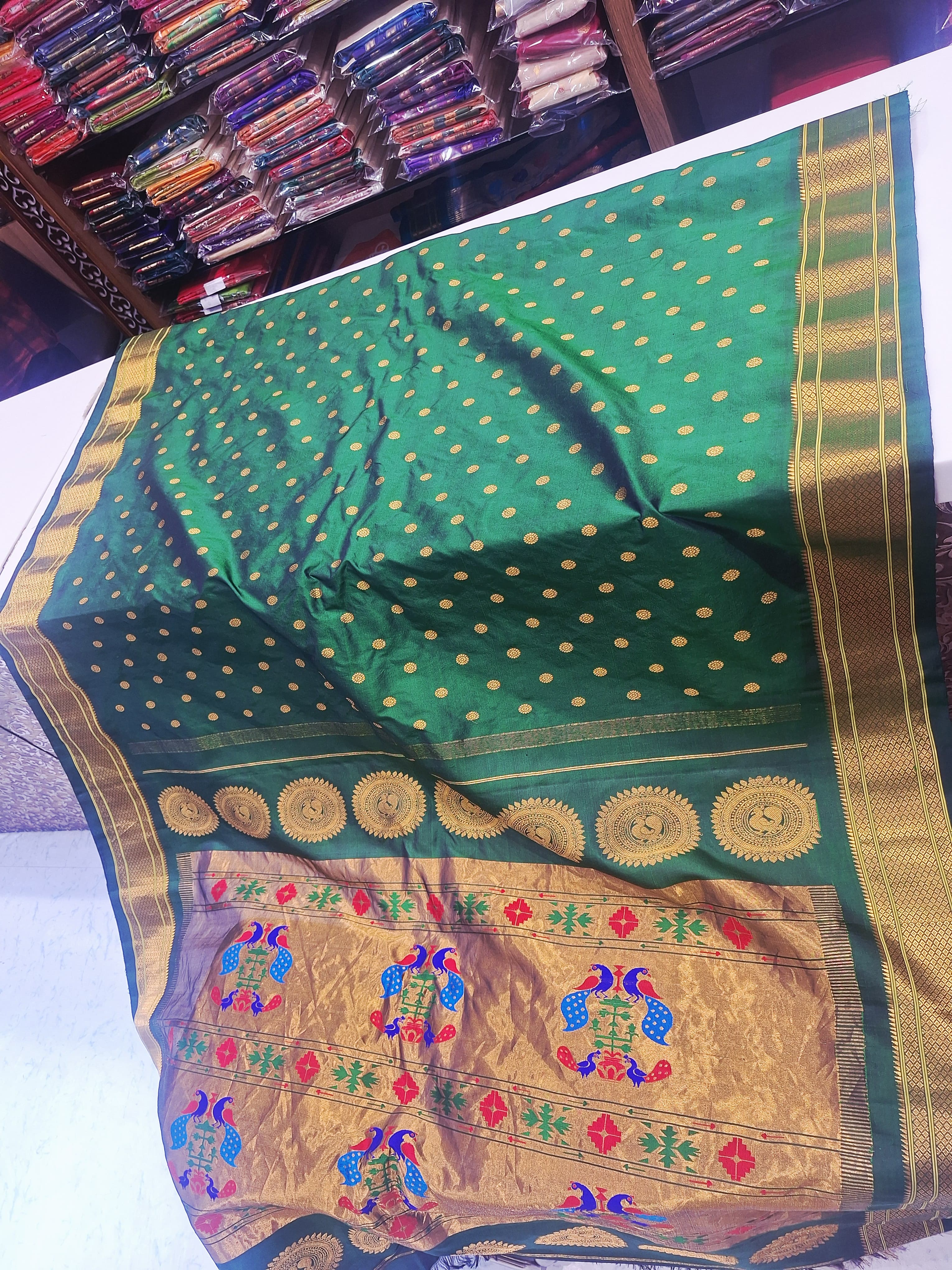 Traditional Green Pure Paithani Silk Saree with elegant Golden zari work 25000/- + Shipping